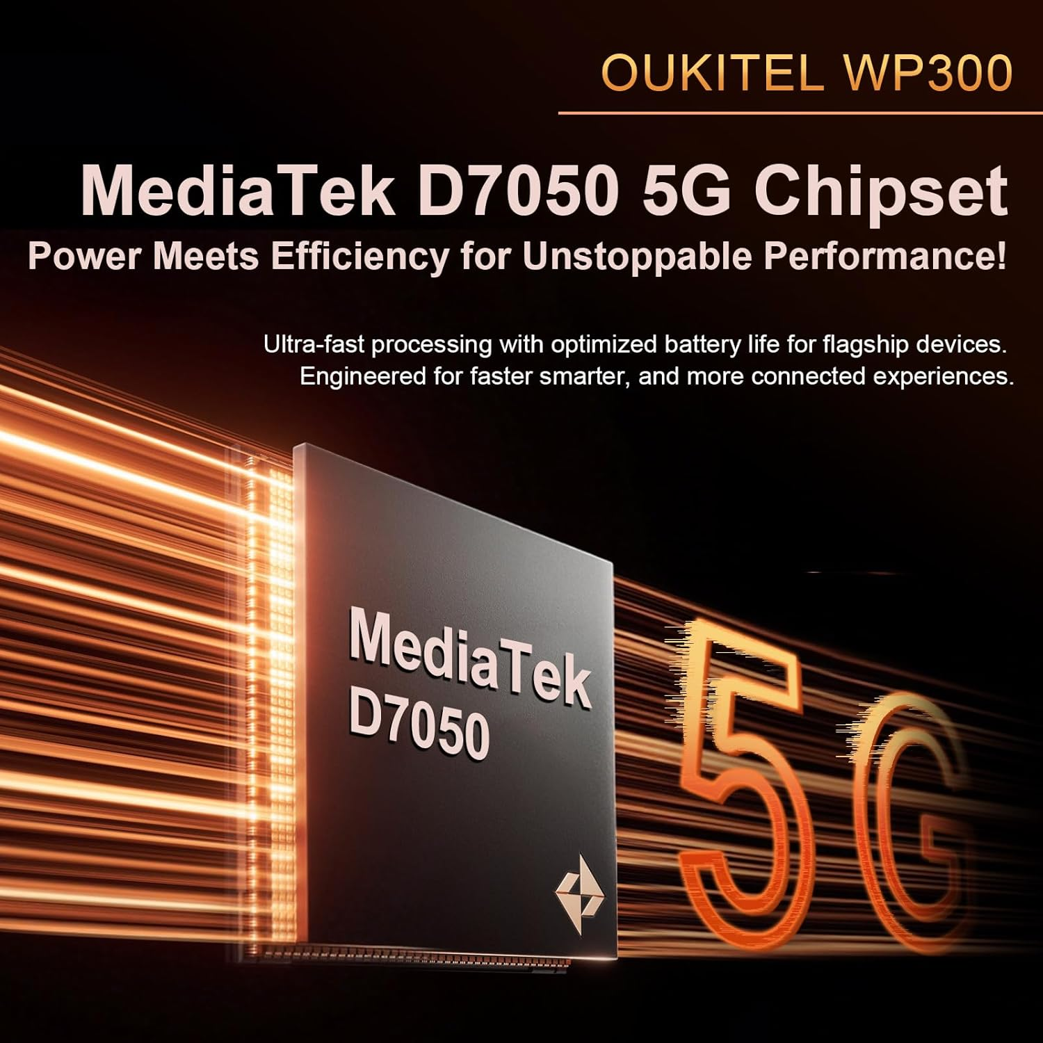 L'immagine mostra MediaTek D7050 5G Chipset. Il testo evidenzia potenza, efficienza e prestazioni. Include il logo OUKITEL WP300.