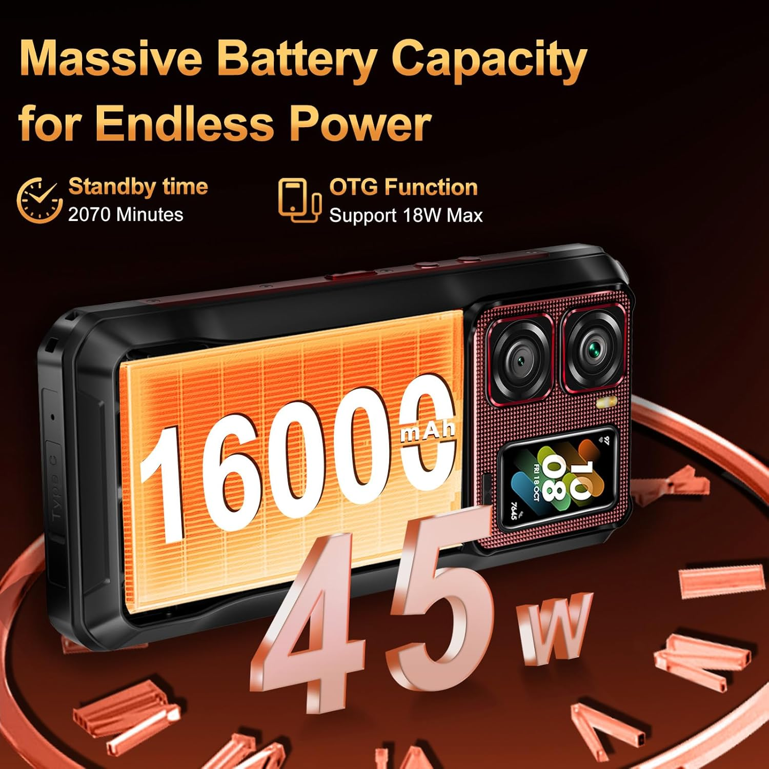 L'immagine mostra un telefono con una grande capacità della batteria, che mostra '16000 mAh' e '45W'. Include un lungo tempo di standby e la funzione OTG.