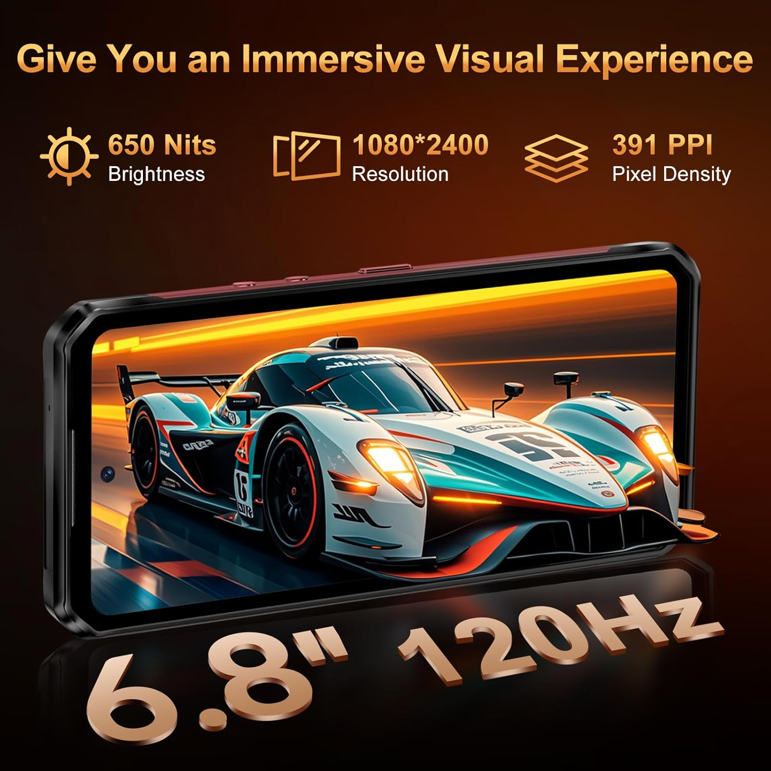 Lo schermo di uno smartphone mostra un'auto da corsa, con specifiche: 6,8", 120Hz, 650 Nits di luminosità, risoluzione 1080*2400 e 391 PPI.