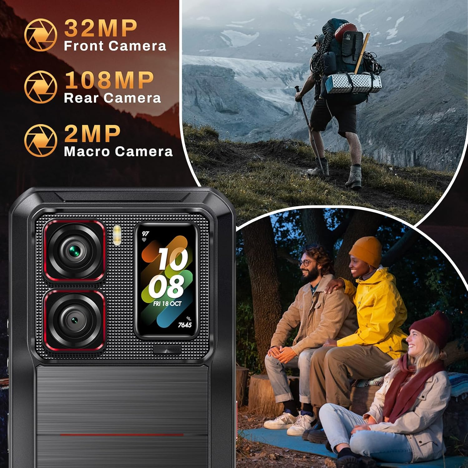 L'immagine mostra le specifiche della fotocamera dello smartphone, un escursionista in montagna e tre persone all'aperto.