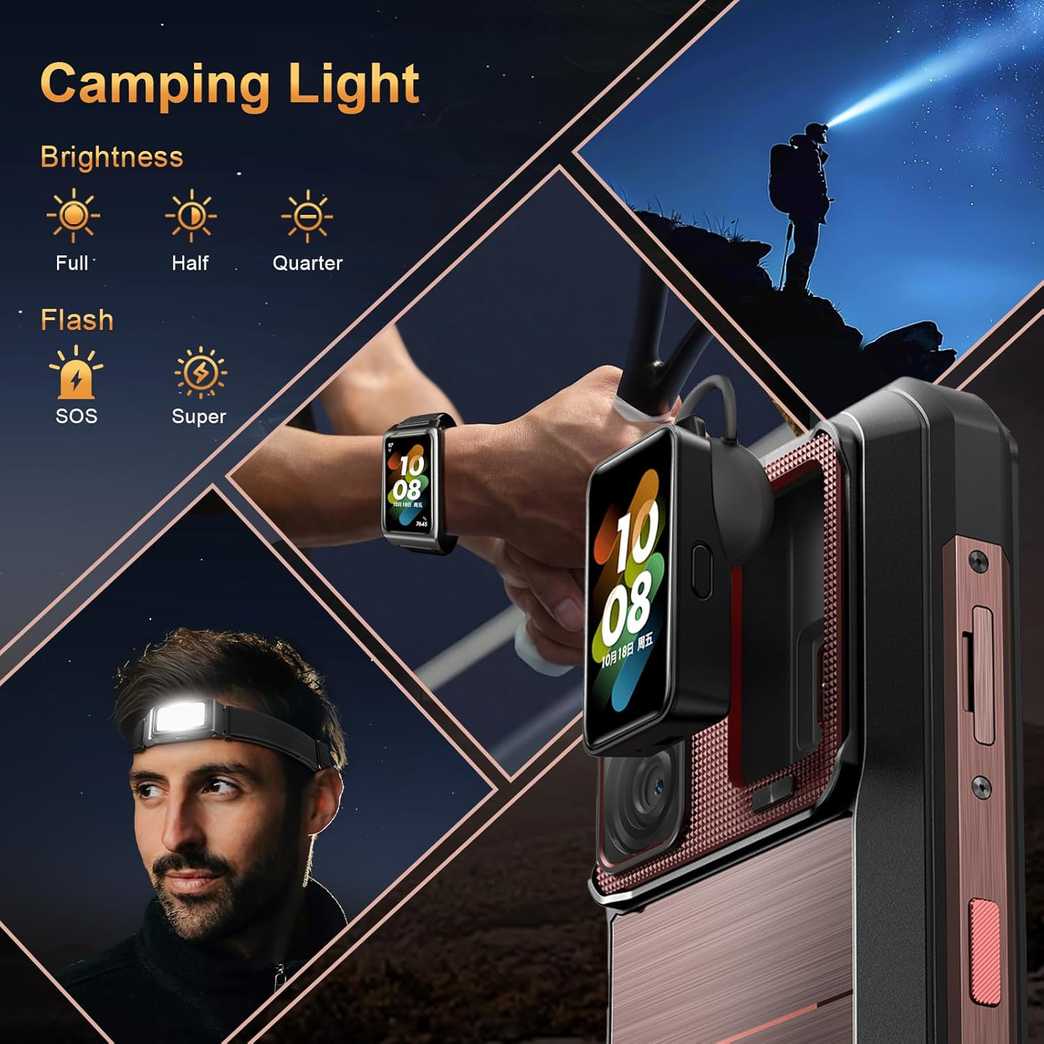 Immagine promozionale che mostra un orologio, una torcia e una persona al buio con una lampada frontale, più icone di intensità luminosa.