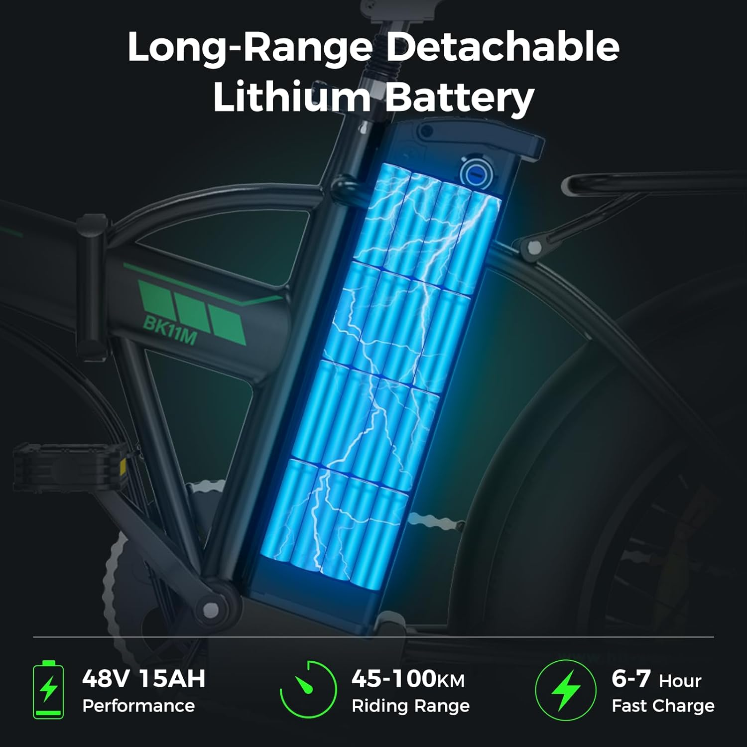 Ein E-Bike mit einem herausnehmbaren Lithium-Akku mit großer Reichweite. Es hat 48V 15AH Leistung, 45-100km Reichweite und 6-7 Stunden Schnellladung.