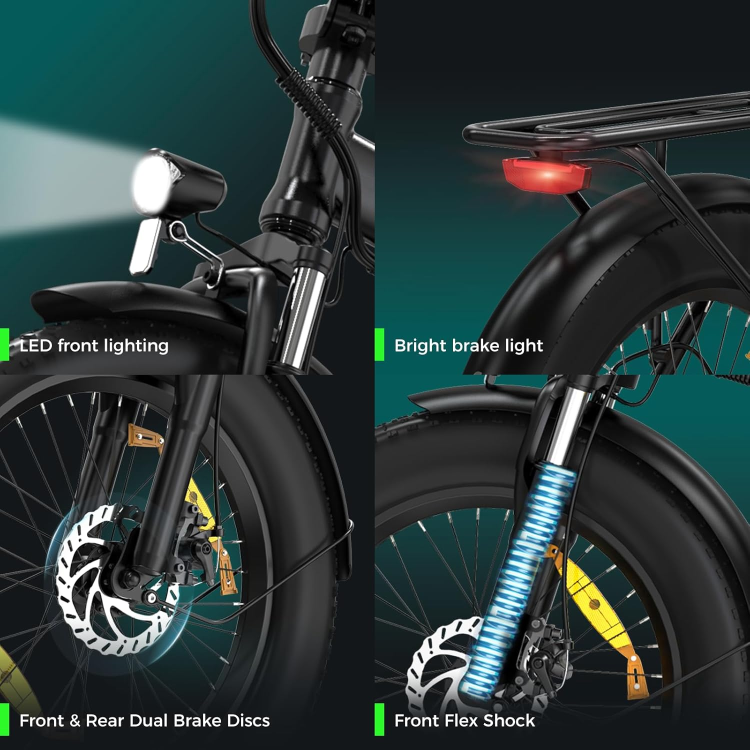 Nahaufnahme eines E-Bikes mit LED-Frontbeleuchtung, hellem Bremslicht, vorderen und hinteren Doppelbremsscheiben und Front-Flex-Stoßdämpfer.