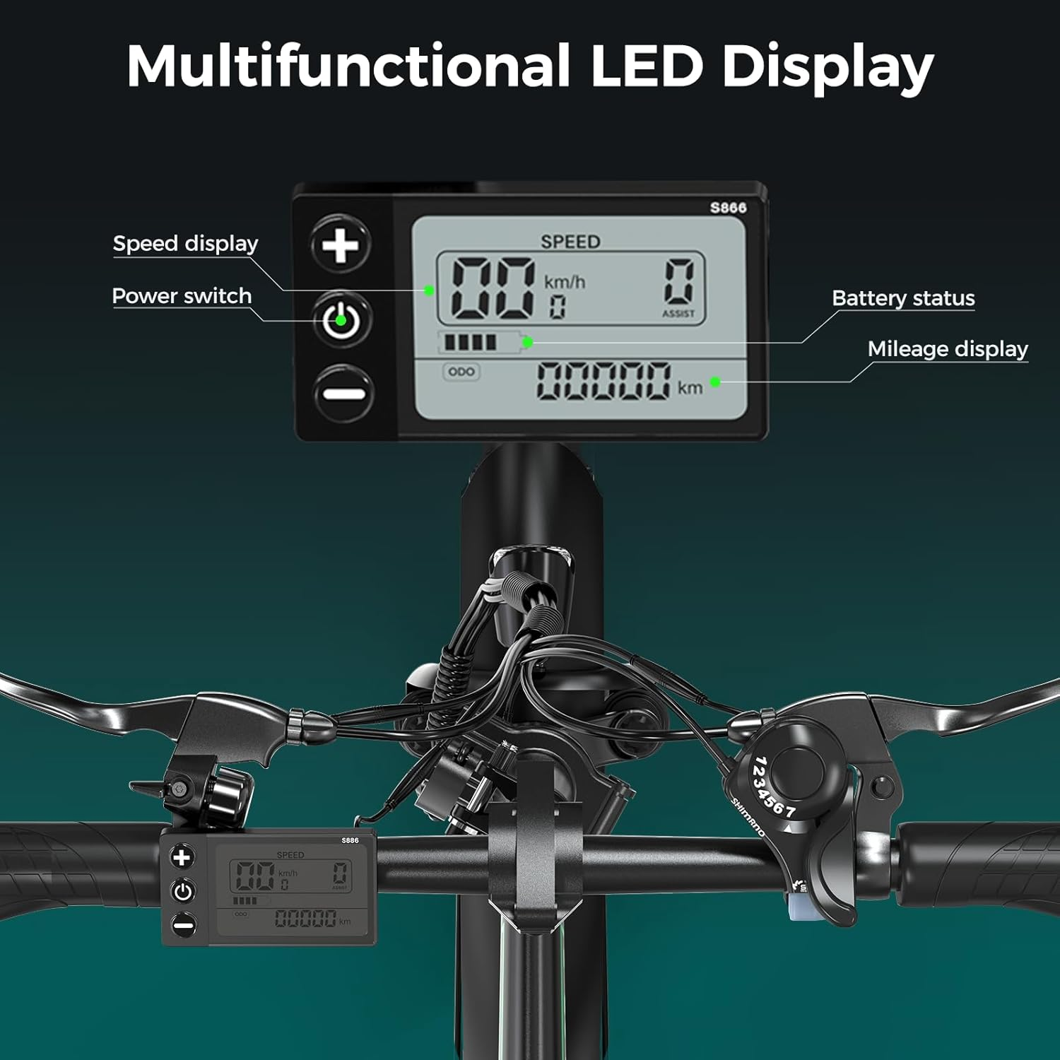 Nahaufnahme des Fahrradlenkers mit Digitalanzeige für Geschwindigkeit und Kilometerstand. Bedienelemente und Hebel sind ebenfalls sichtbar.