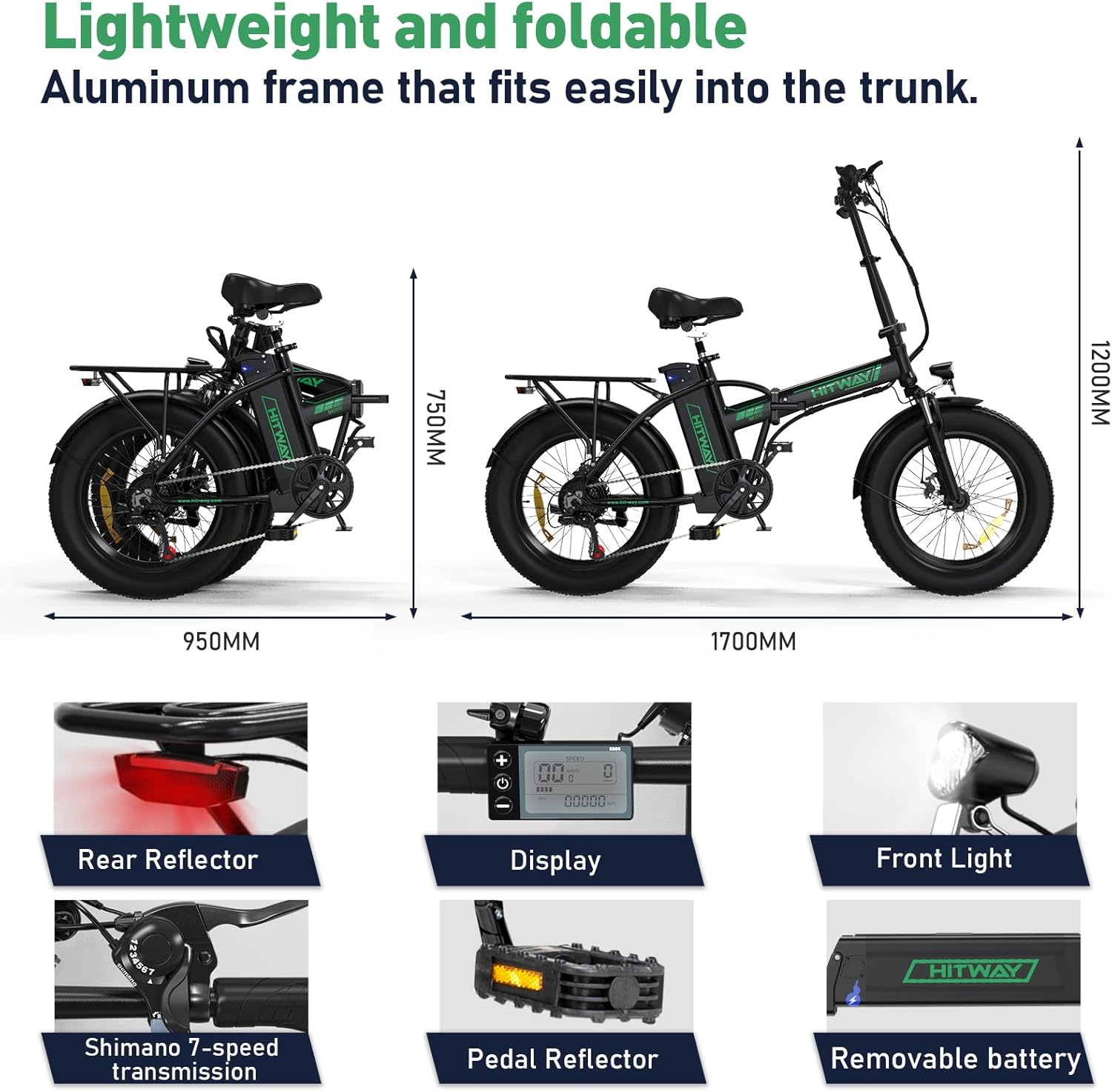 Faltbares, schwarzes Elektrofahrrad mit breiten Reifen. Merkmale sind Rückstrahler, Display, Frontlicht und herausnehmbarer Akku.