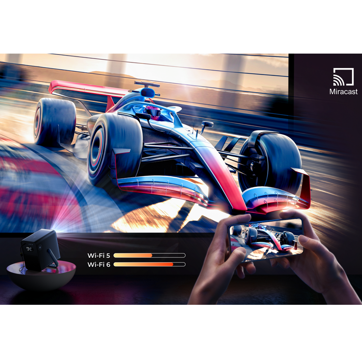 Een raceauto racet over een baan, weergegeven op een telefoon. Een projector en Wi-Fi-indicatoren op de voorgrond. Miracast-logo.