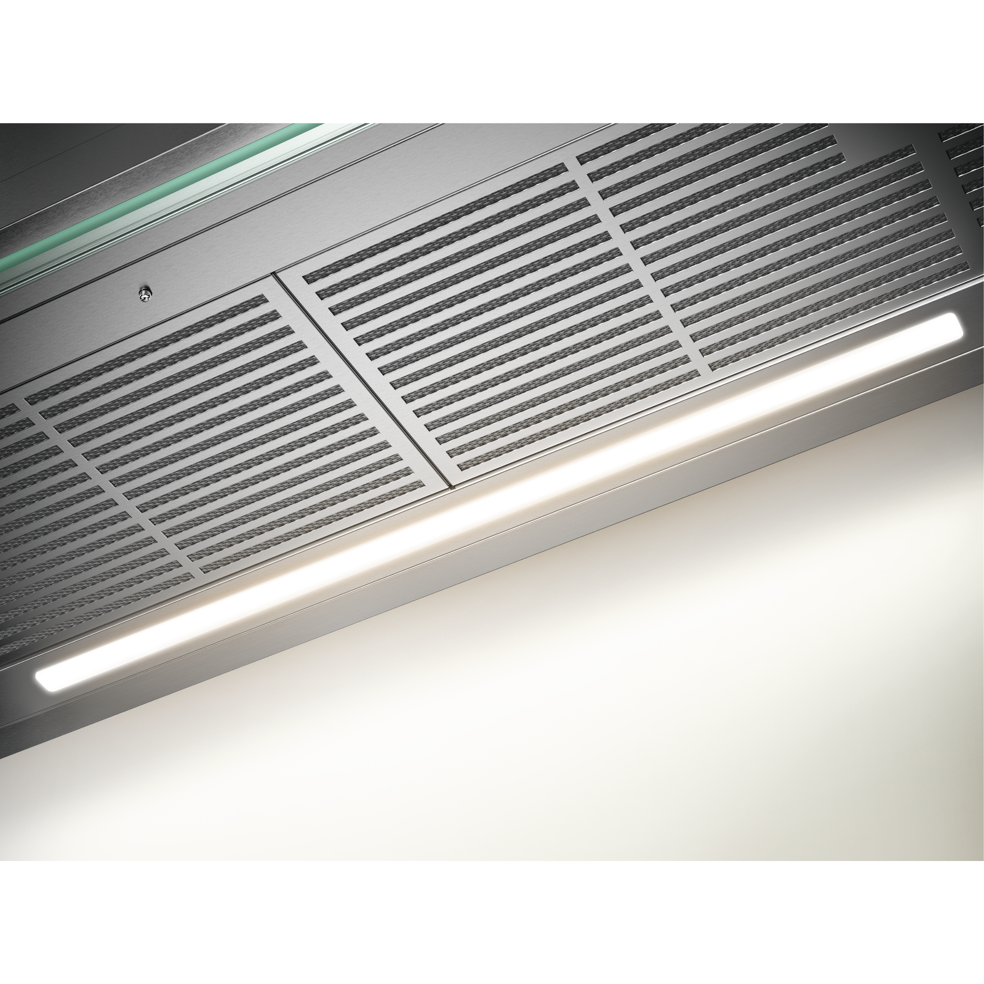 Primo piano di una cappa da cucina in metallo con illuminazione integrata. Lo sfondo è bianco. La cappa ha un design a griglia.