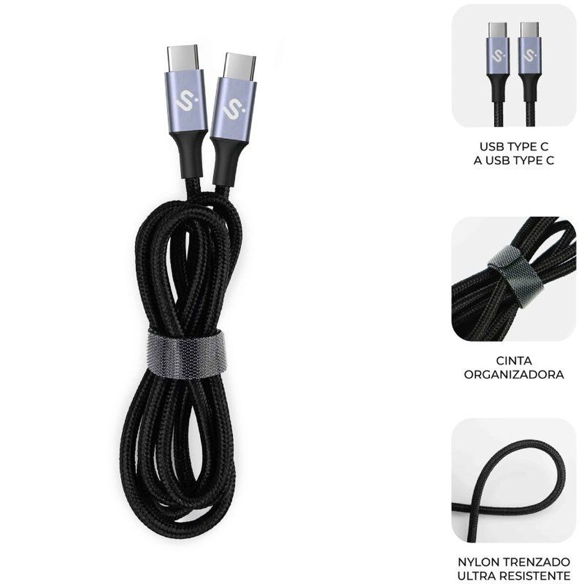 Schwarzes USB-C-Kabel mit silbernen Steckern, einer Schlaufe und einem Kabelorganisator. Produktdetails auf Spanisch. USB-C zu USB-C.