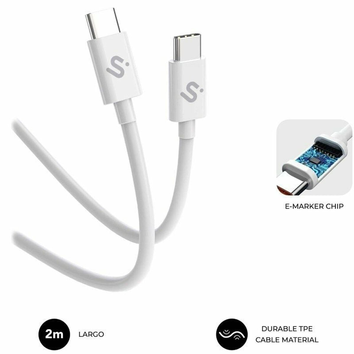 Weiße USB-C-Kabel mit dem Buchstaben 'S' auf dem Stecker. Merkmale sind 'E-Marker Chip' und 'Durable TPE Cable Material'.