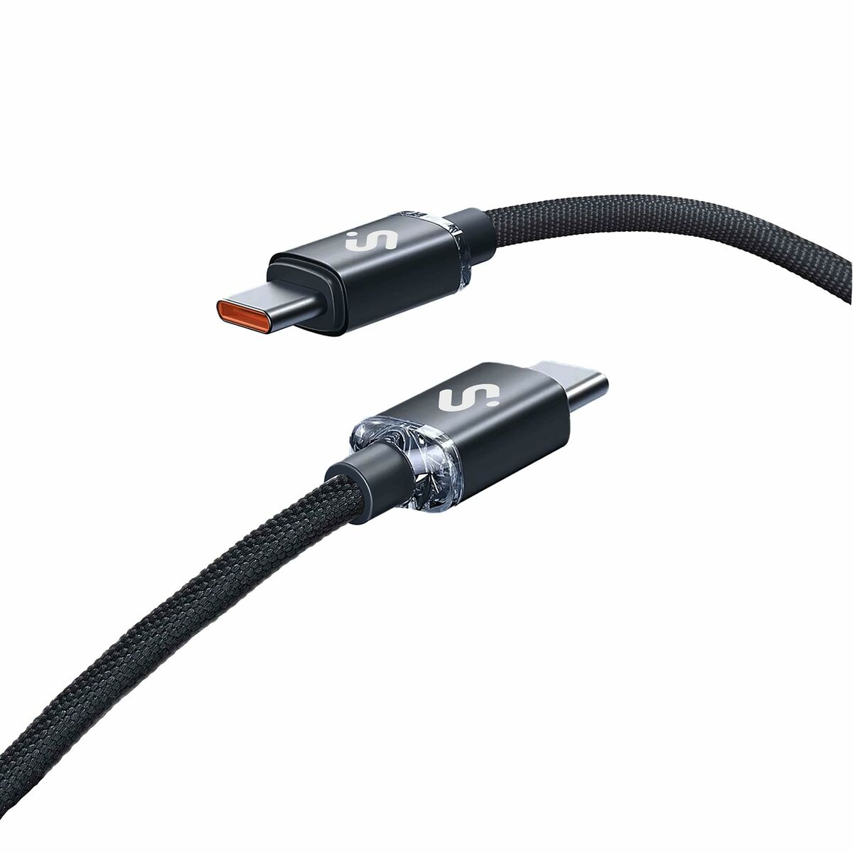 Dos cables USB-C negros. Uno tiene un puerto naranja. Ambos tienen un cable negro trenzado. La marca es visible en los conectores.