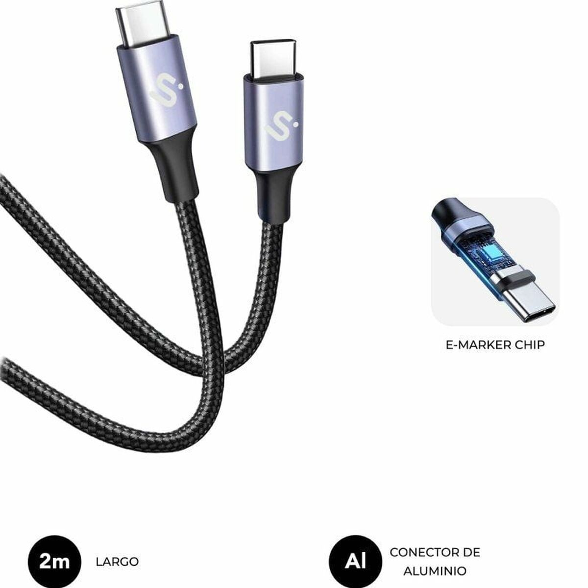 Zwei USB-C-Kabel mit schwarzen geflochtenen Kabeln und silbernen Steckern. Ein Bild des E-Marker-Chips ist vorhanden. Text: 2m Largo, AI Conector de Aluminio.