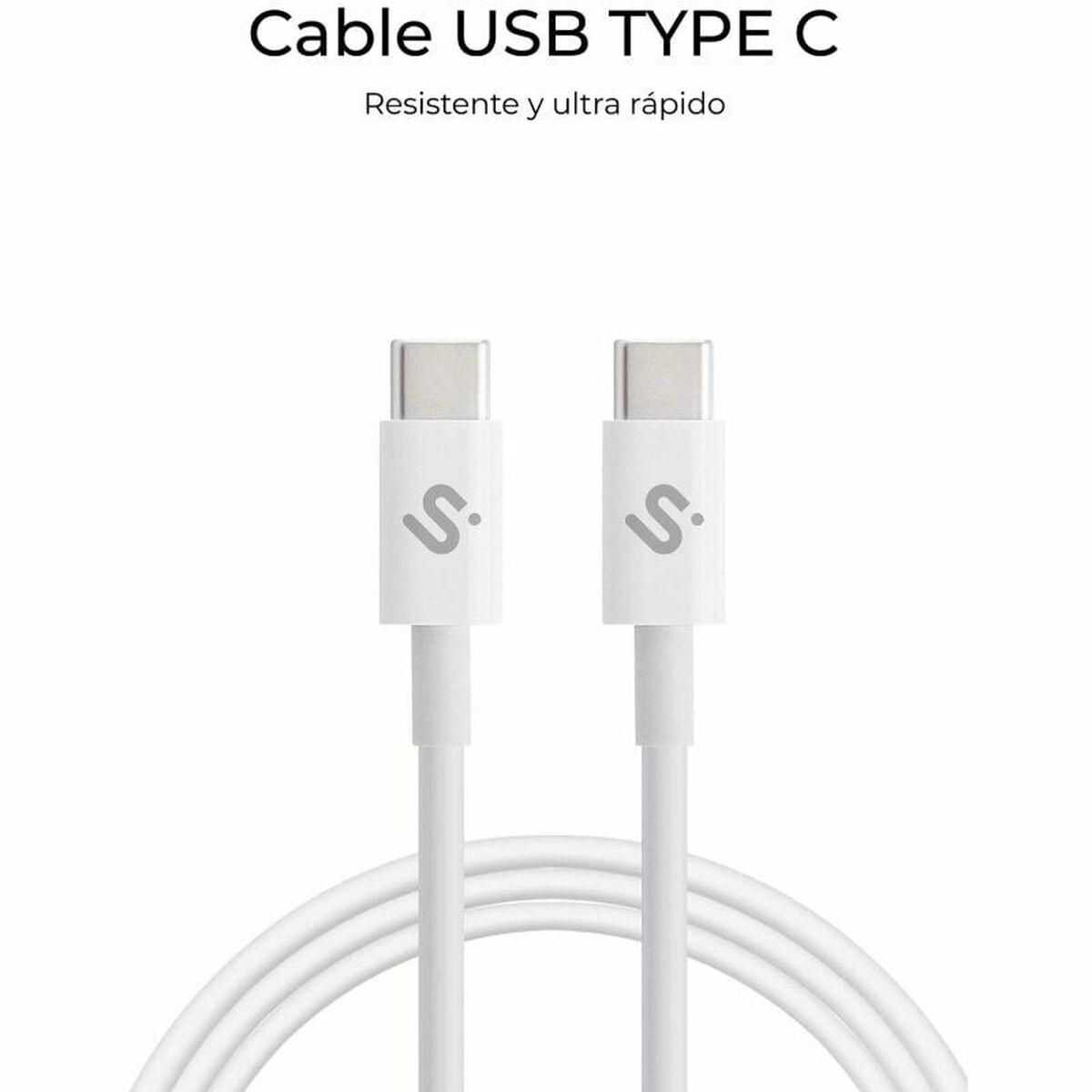 Zwei weiße USB-C-Kabel. Oben steht 'Cable USB TYPE C'. Unten steht 'Resistente y ultra rápido'.