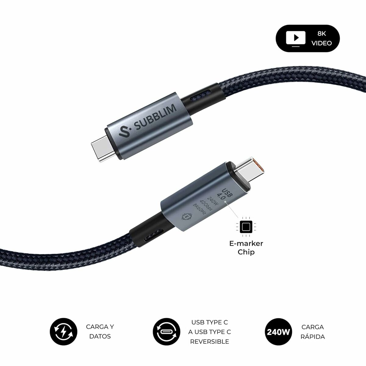 Ein USB-C-Kabel der Marke Subblim mit Spezifikationen wie USB 4.0, 240W und 8K-Video-Unterstützung. Das Kabel ist dunkelgrau.