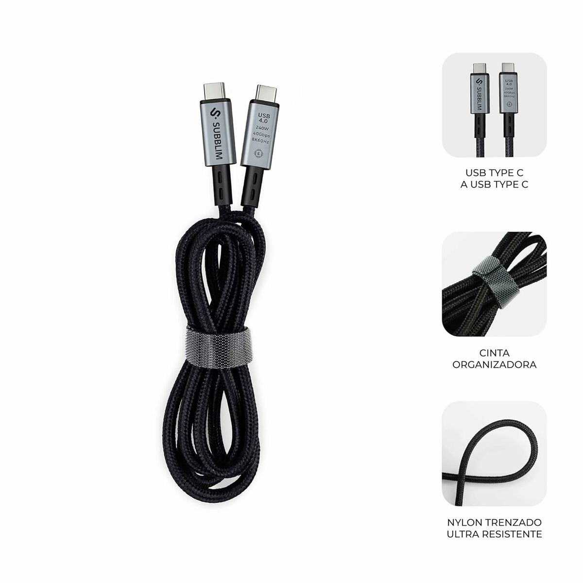 Schwarzes USB-C-Kabel mit Subblim-Logo, Kabelorganizer und Text: Nylon trenzado ultra resistente, USB TYPE C A USB TYPE C.