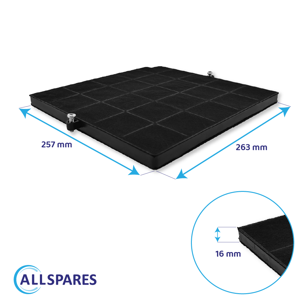 Filtro rettangolare nero con misure: 257 mm x 263 mm x 16 mm. Include viti e una vista ravvicinata. Logo Allspares in basso.