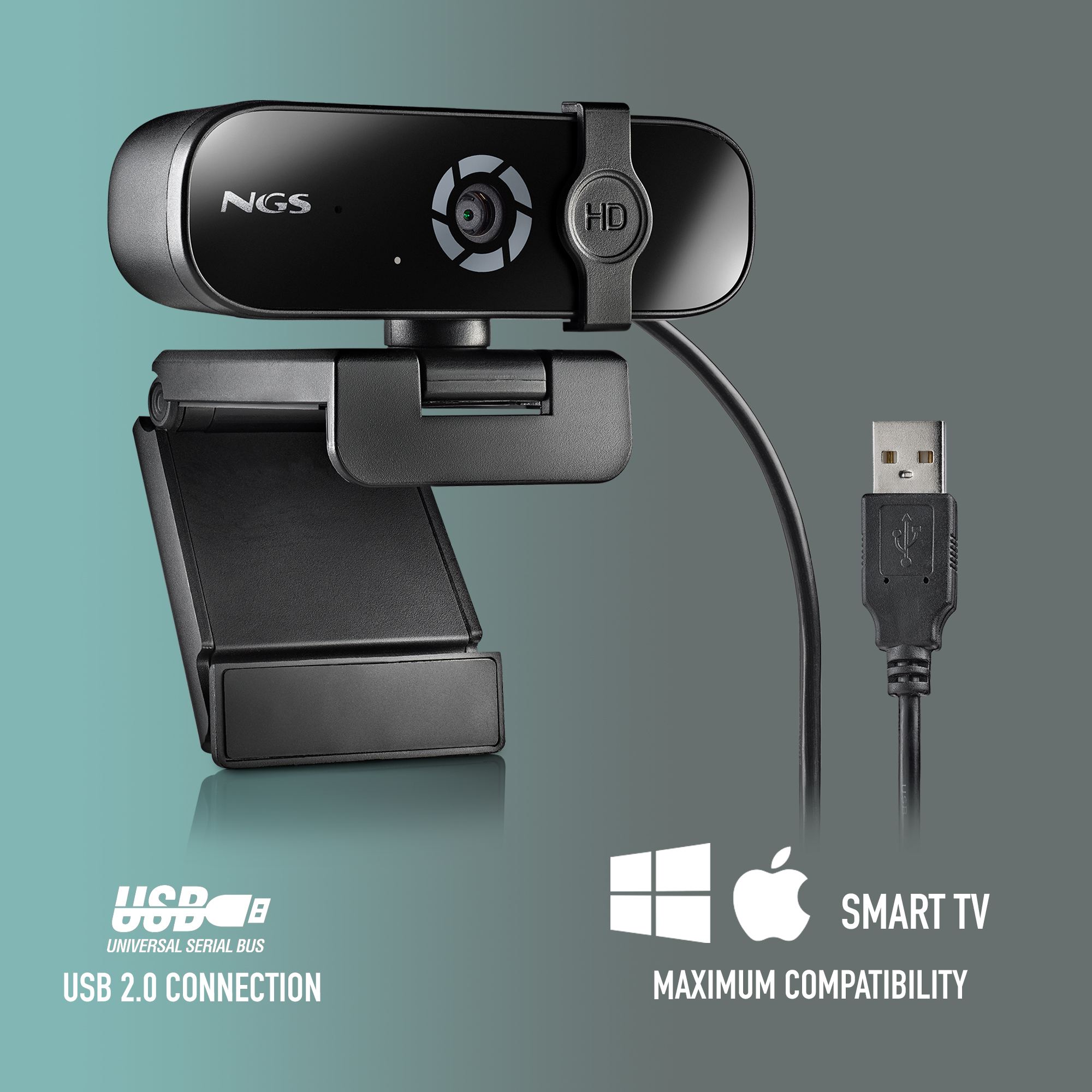 Webcam NGS nera con USB 2.0, HD e compatibilità Smart TV. Dispone di obiettivo, supporto e connettore USB.