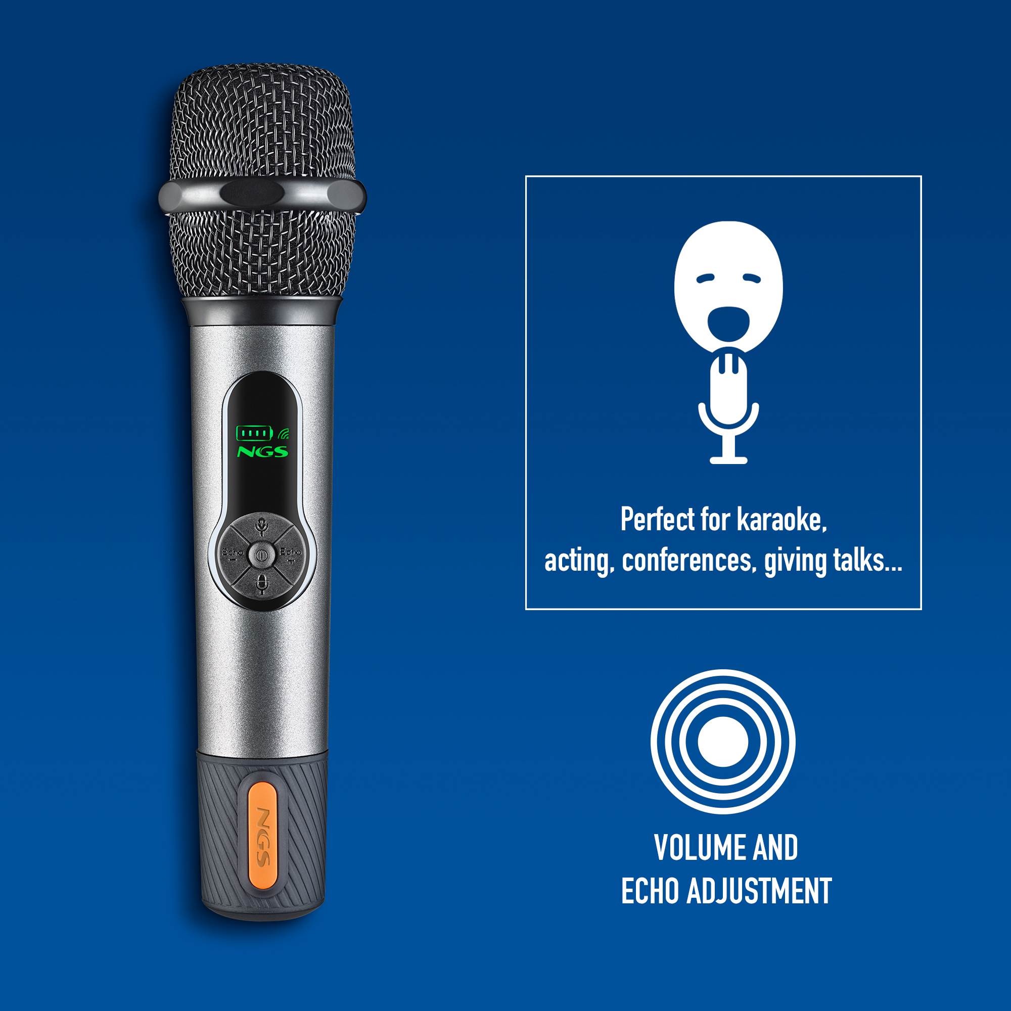 Micrófono plateado sobre fondo azul. El texto dice: 'Perfecto para karaoke, actuación, conferencias, dar charlas...'