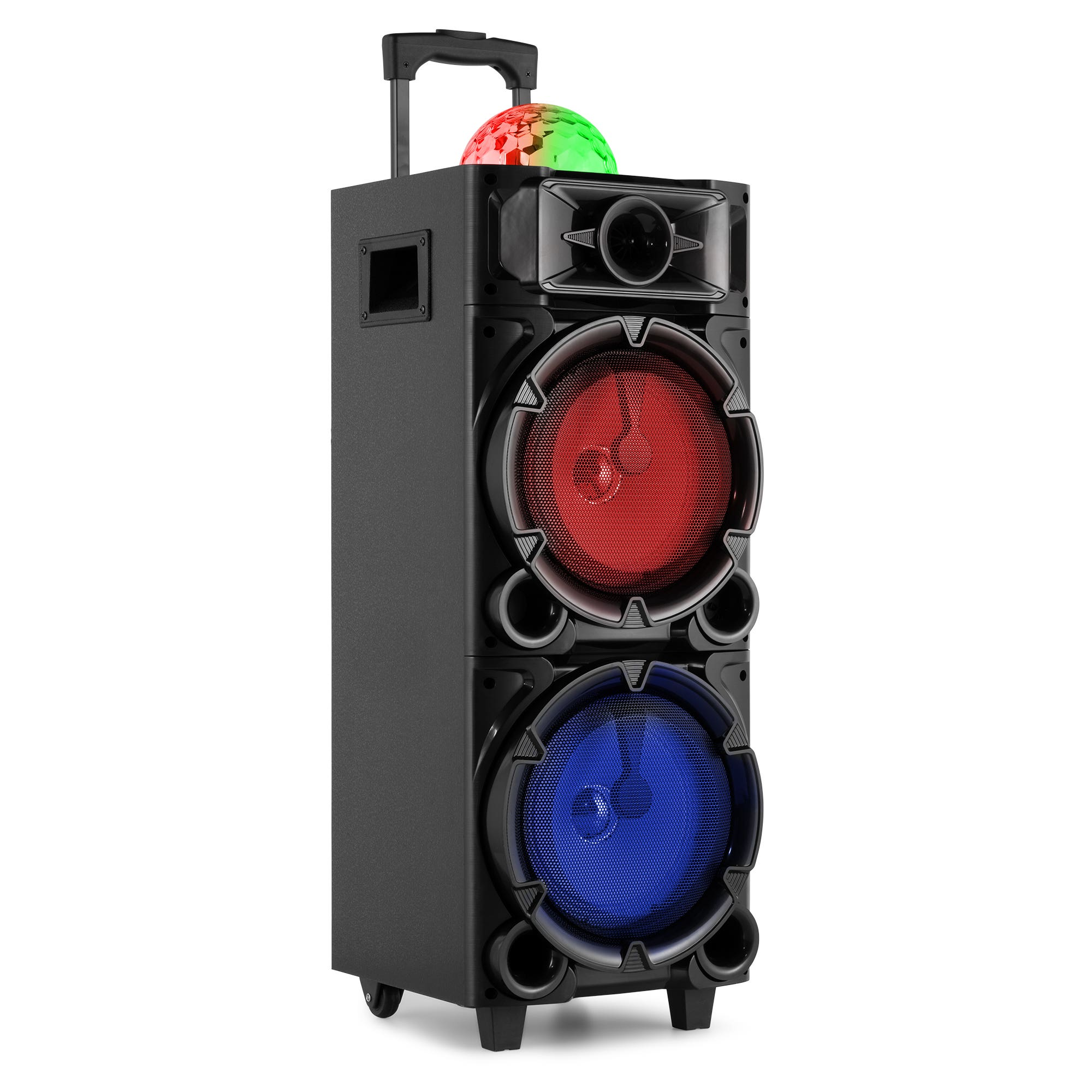 Un altavoz negro con luces rojas y azules. Una bola de discoteca encima. Tiene asa y ruedas.