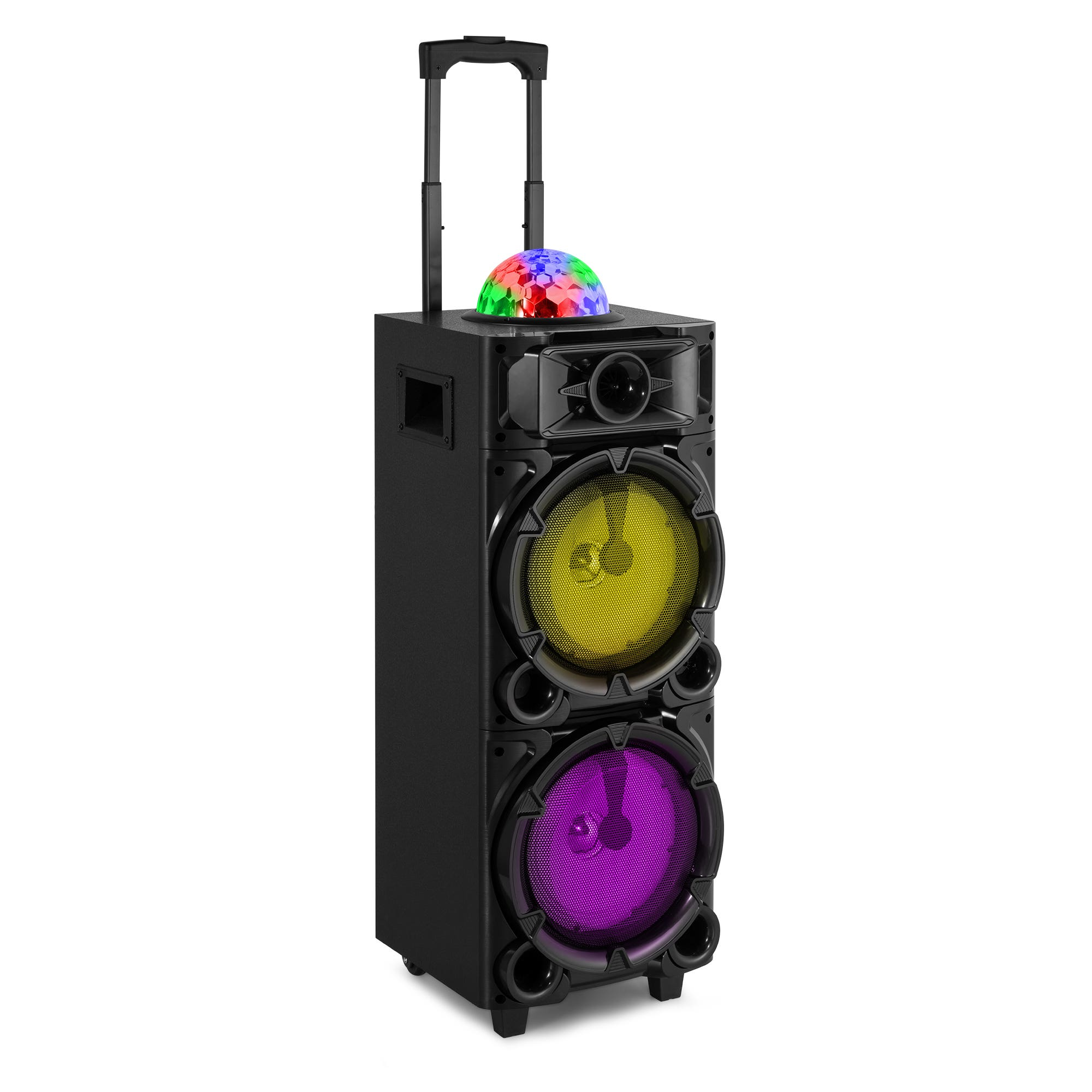 Altavoz negro con asa y bola de discoteca. Luces de altavoz amarillas y moradas. Fondo blanco.