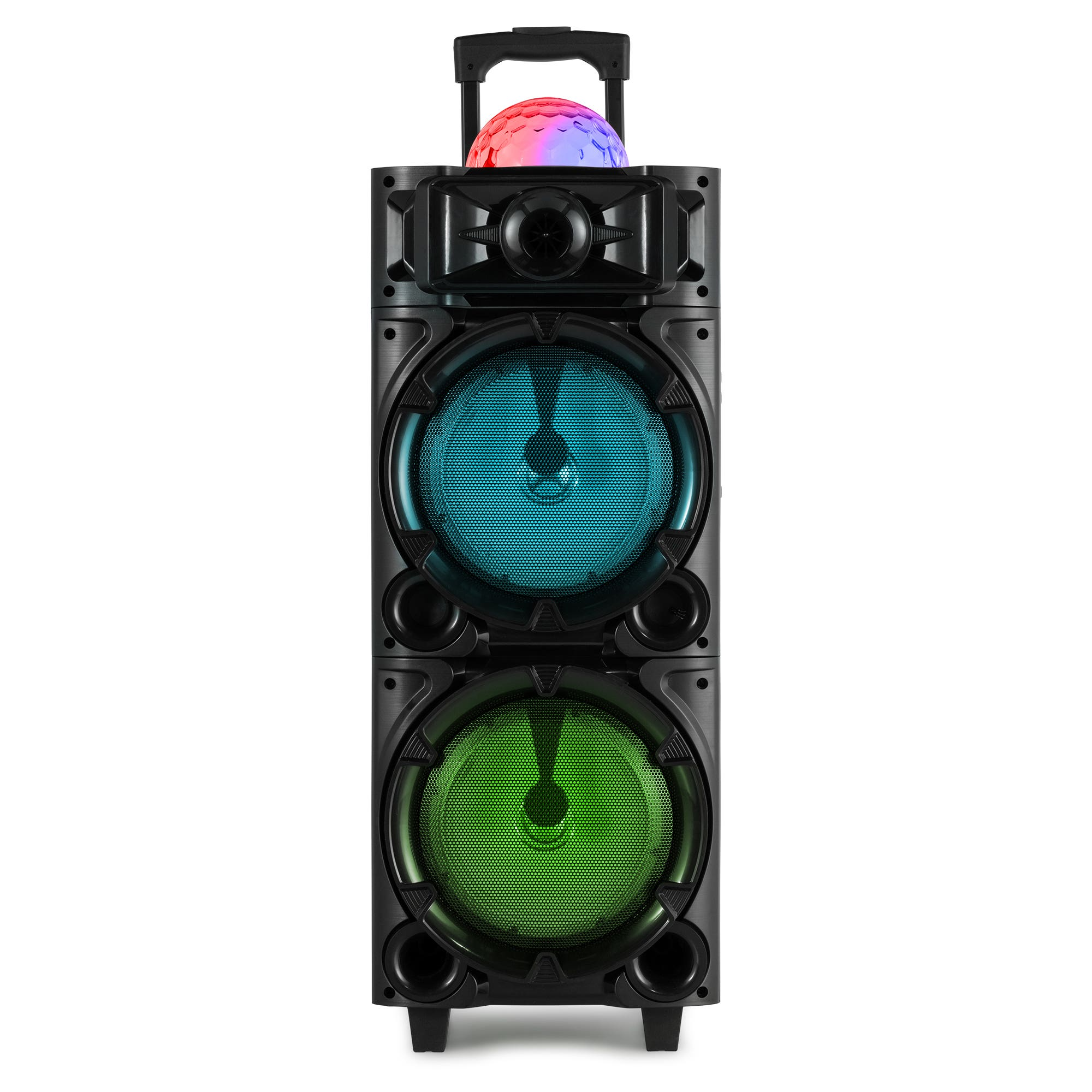 Altavoz negro con una luz roja, azul y morada en la parte superior. El altavoz tiene luces azules y verdes.