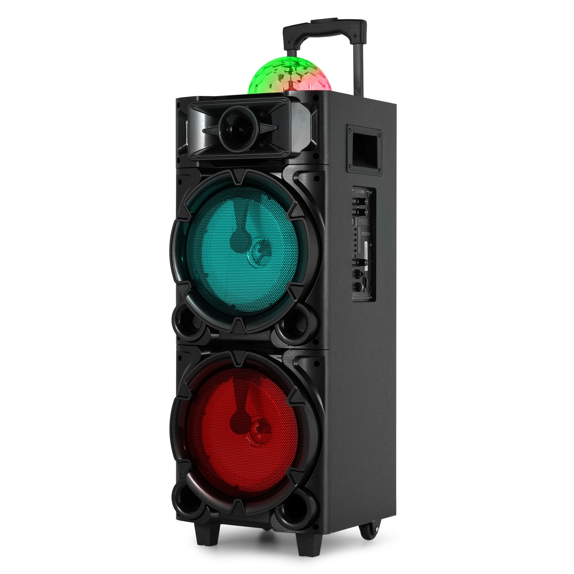 Un altavoz negro con luces azules y rojas. Tiene un asa y una bola de discoteca colorida en la parte superior.