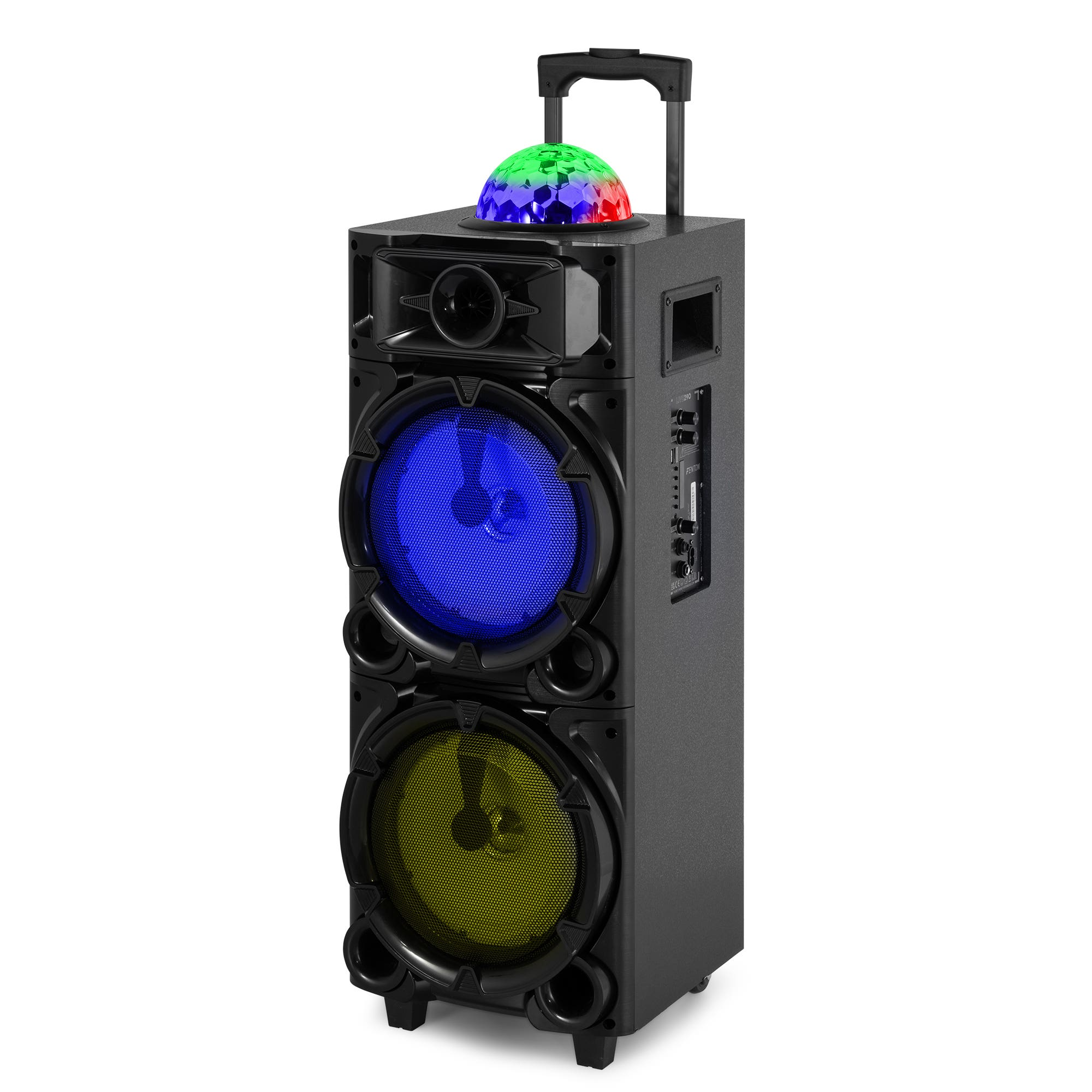 Altavoz negro con luces azules y amarillas, un asa y una bola de discoteca en la parte superior. Tiene un fondo blanco.