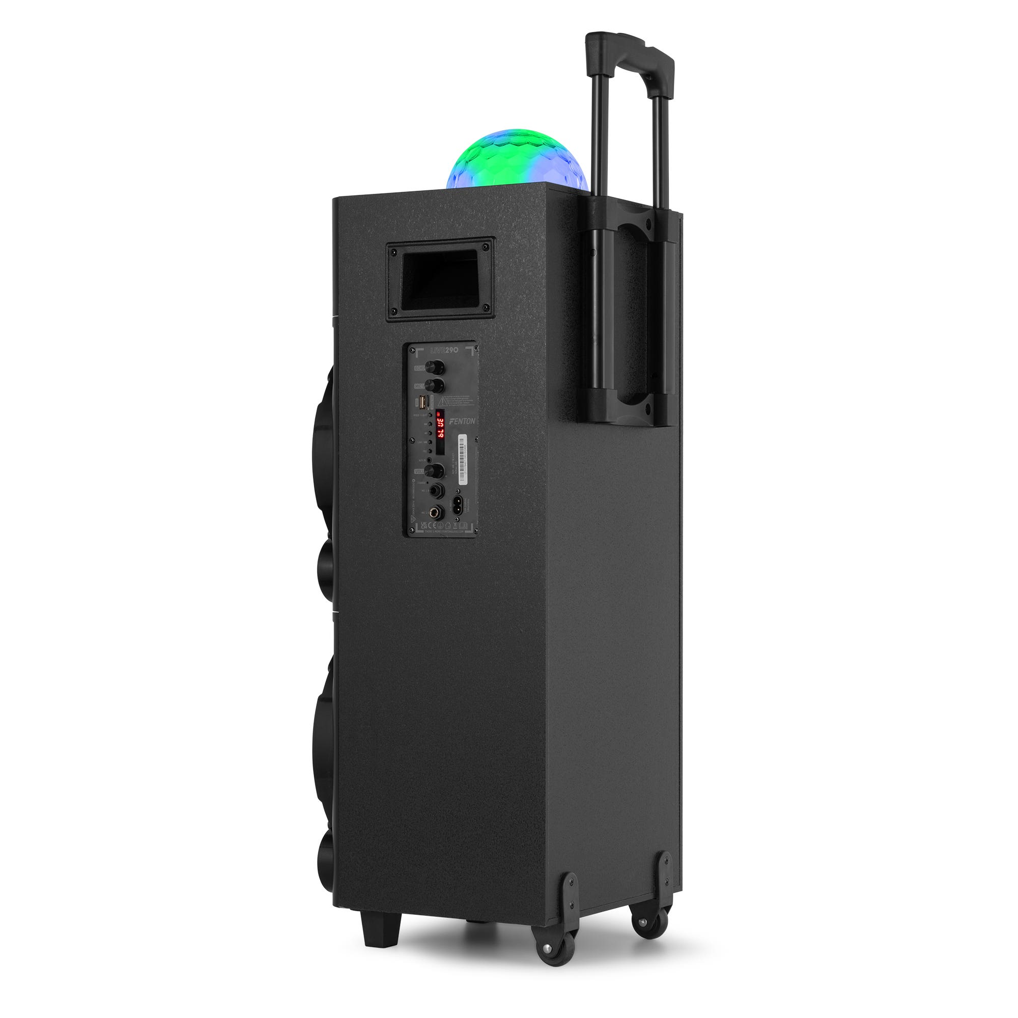 Un altavoz negro con una bola de discoteca en la parte superior. Tiene ruedas y un asa para el transporte. El altavoz está etiquetado como FENTON.