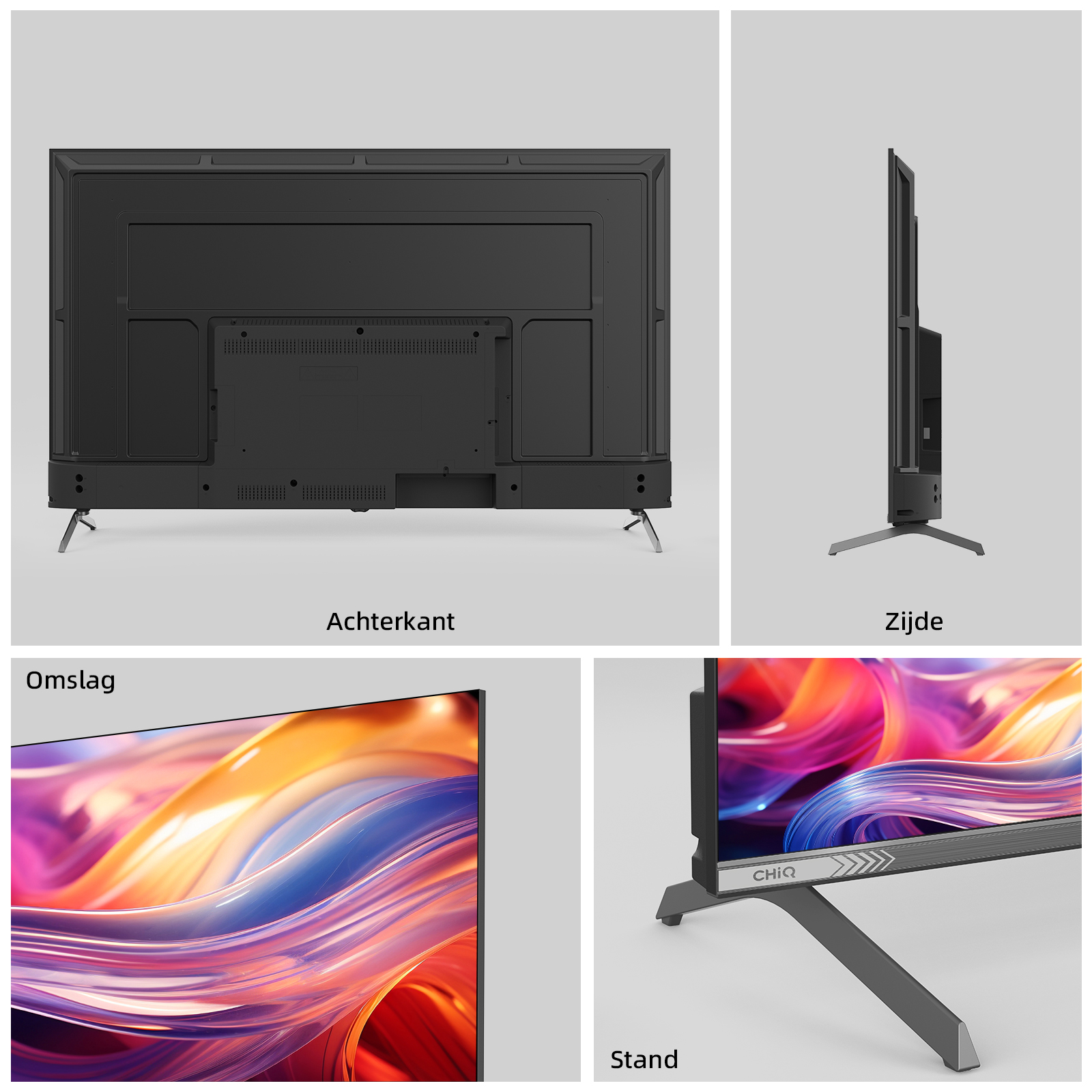 A black TV with a stand is shown in different views. The stand is gray, and the screen shows colorful abstract art.