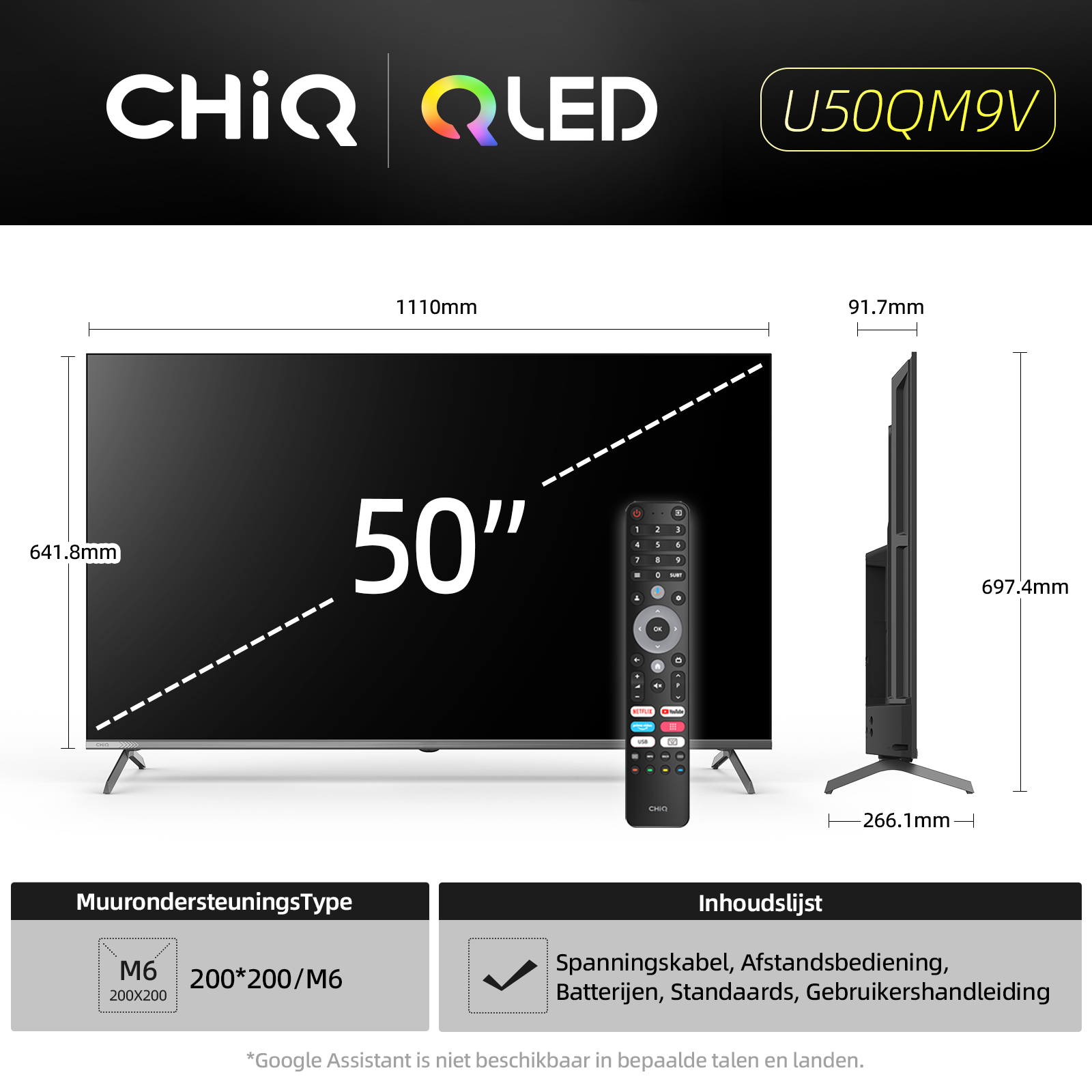 A 50" CHiQ QLED TV with remote, dimensions, and specifications. Includes mounting type and contents list.