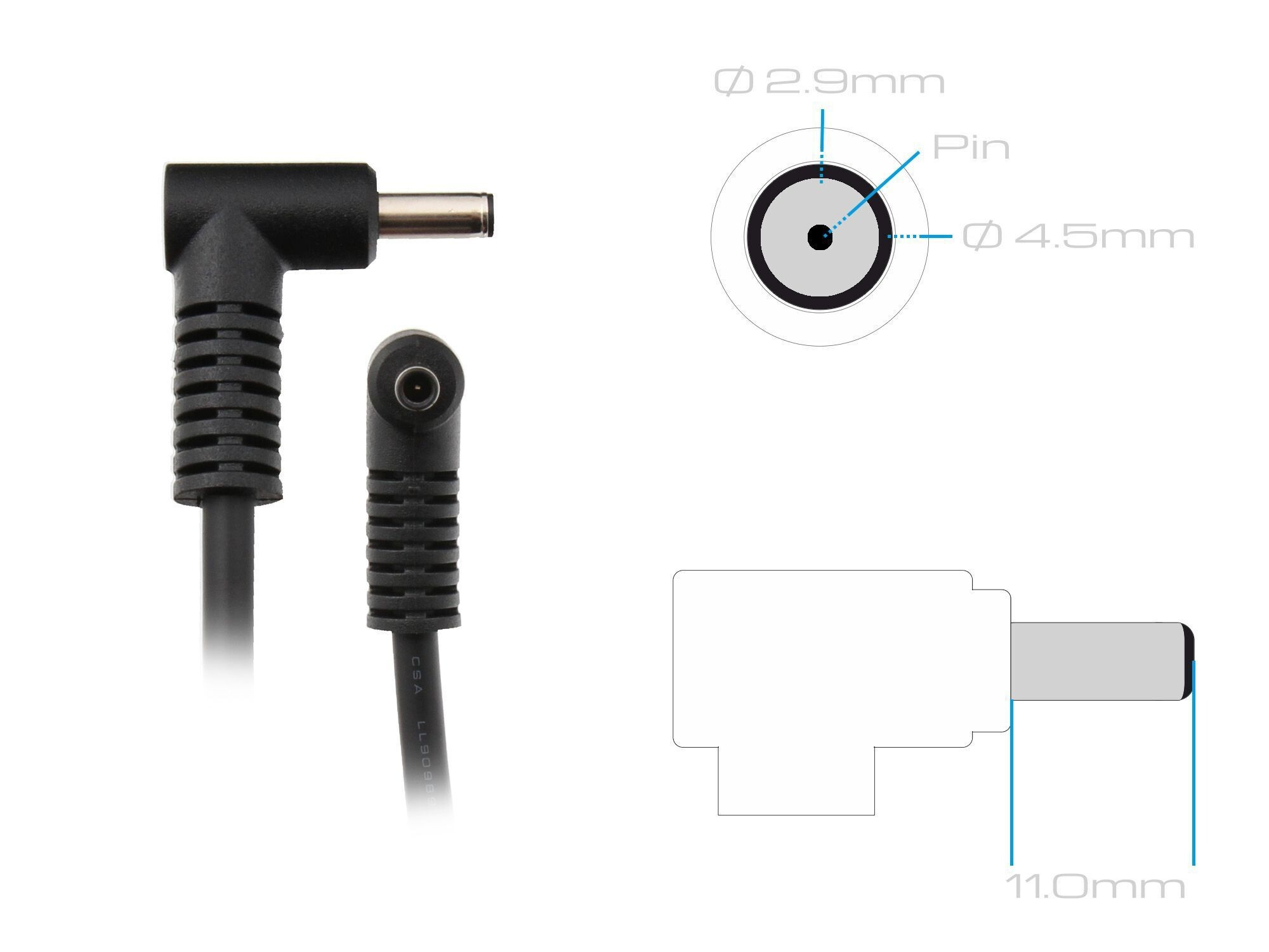 Diagramm eines schwarzen Netzteils mit Abmessungen und Details. Enthält Stecker, Hohlstecker und ein Diagramm.