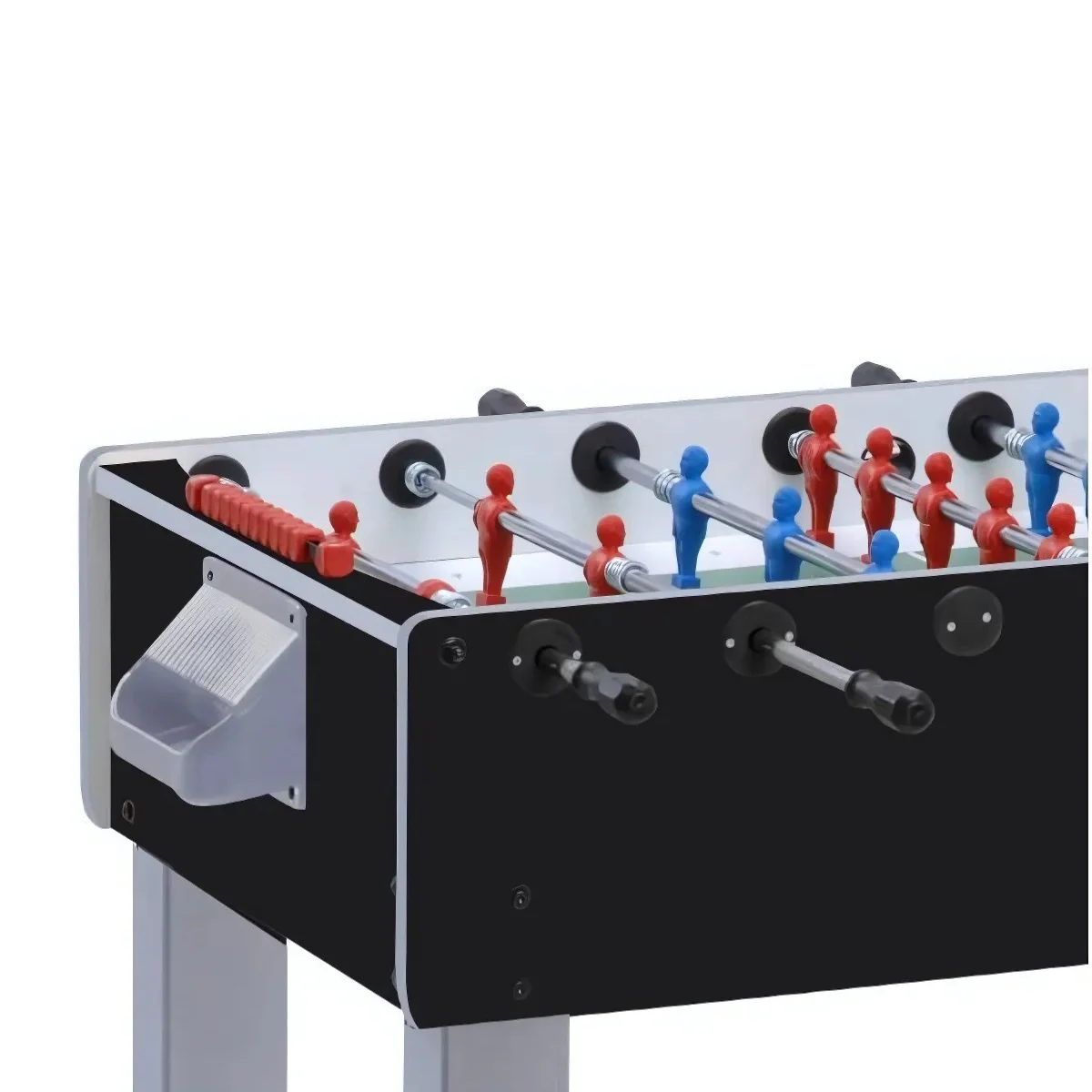 A foosball table. It has red and blue players on rods, black and white frame, and grey legs.