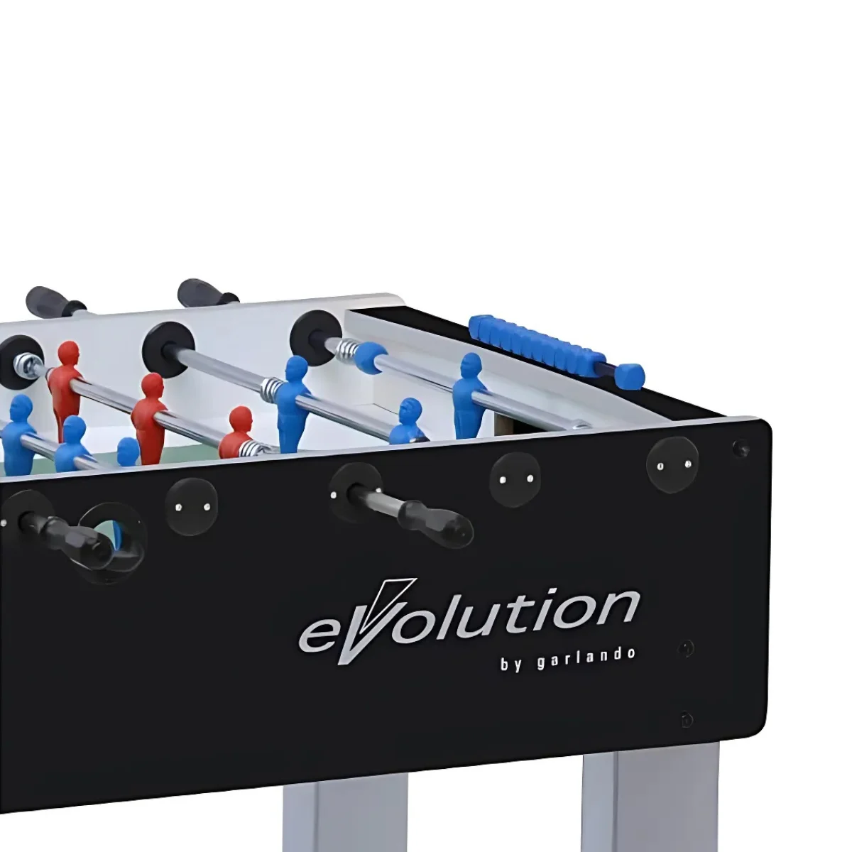 A foosball table. It has blue and red players. The table is black with the word 'evolution' on it, and has metal rods.