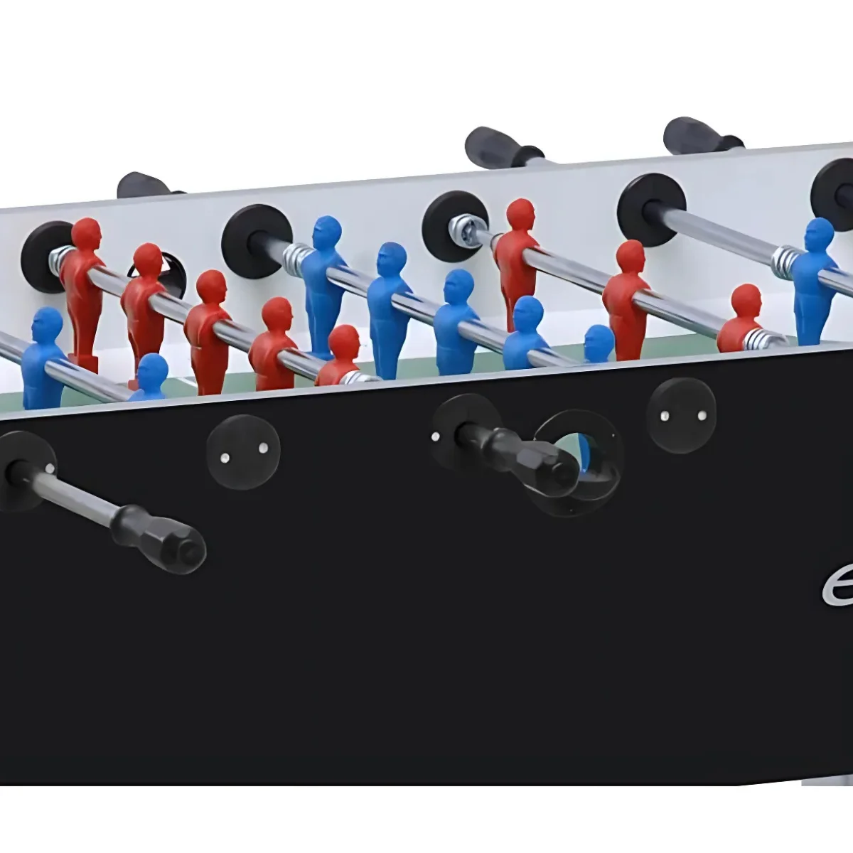 A foosball table is shown. Red and blue players are mounted on rods. The table is black with silver rods and a green field.