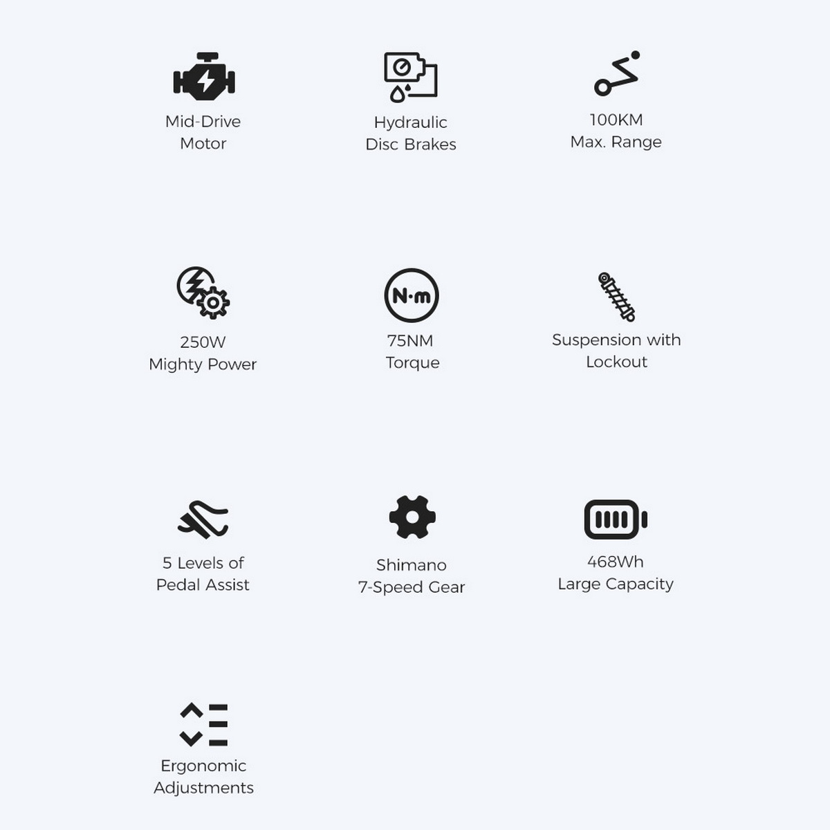 Obraz zawiera ikony i tekst opisujący funkcje, takie jak silnik centralny, hamulce hydrauliczne, zasięg 100 km, moc 250 W i regulacje ergonomiczne.
