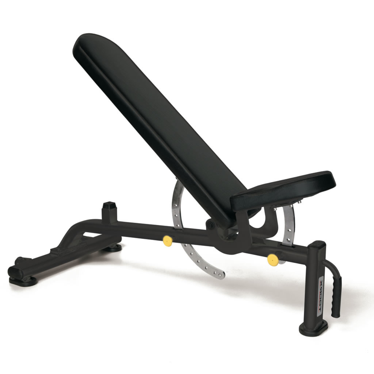 A black adjustable weight bench on a white background. It has a padded seat and backrest, metal frame, and adjustment features.
