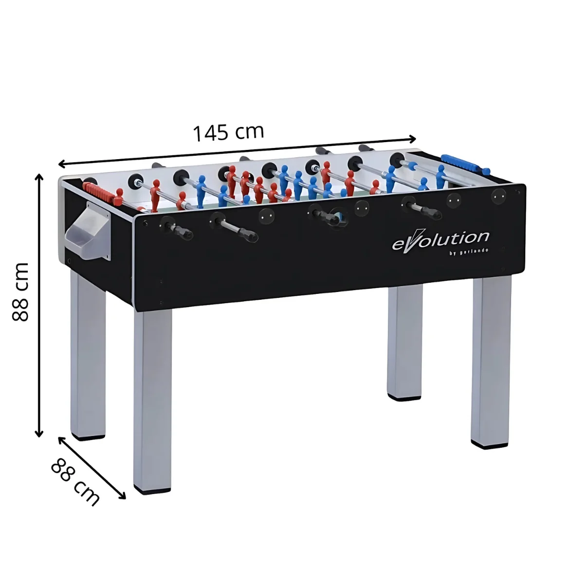 A black foosball table with red and blue players. It has silver legs and dimensions are shown in the image.