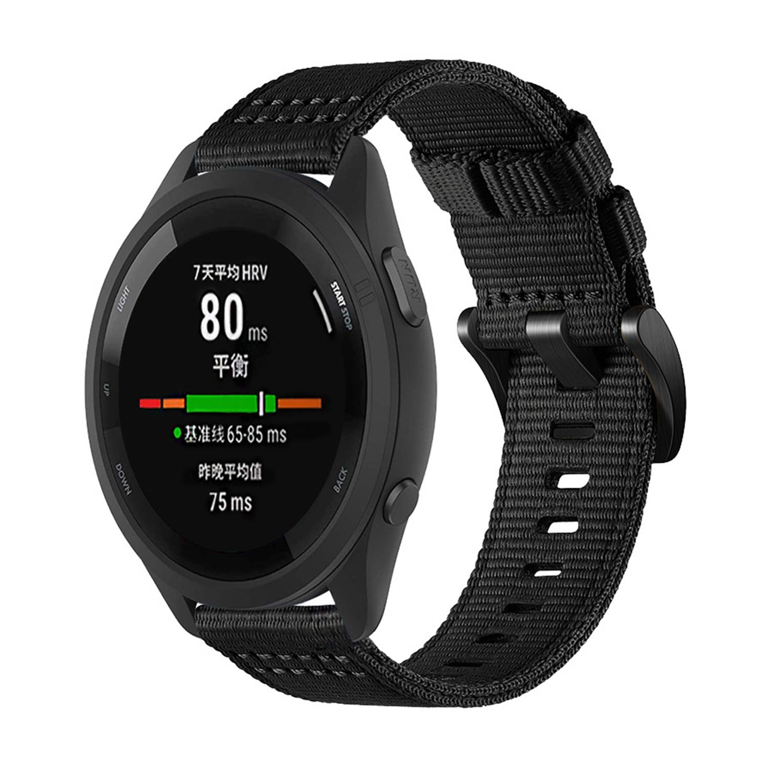 Czarny smartwatch z czarnym materiałowym paskiem wyświetla statystyki. Ekran pokazuje 'HRV 7-dniowe', '80 ms' i inne wskaźniki zdrowia.