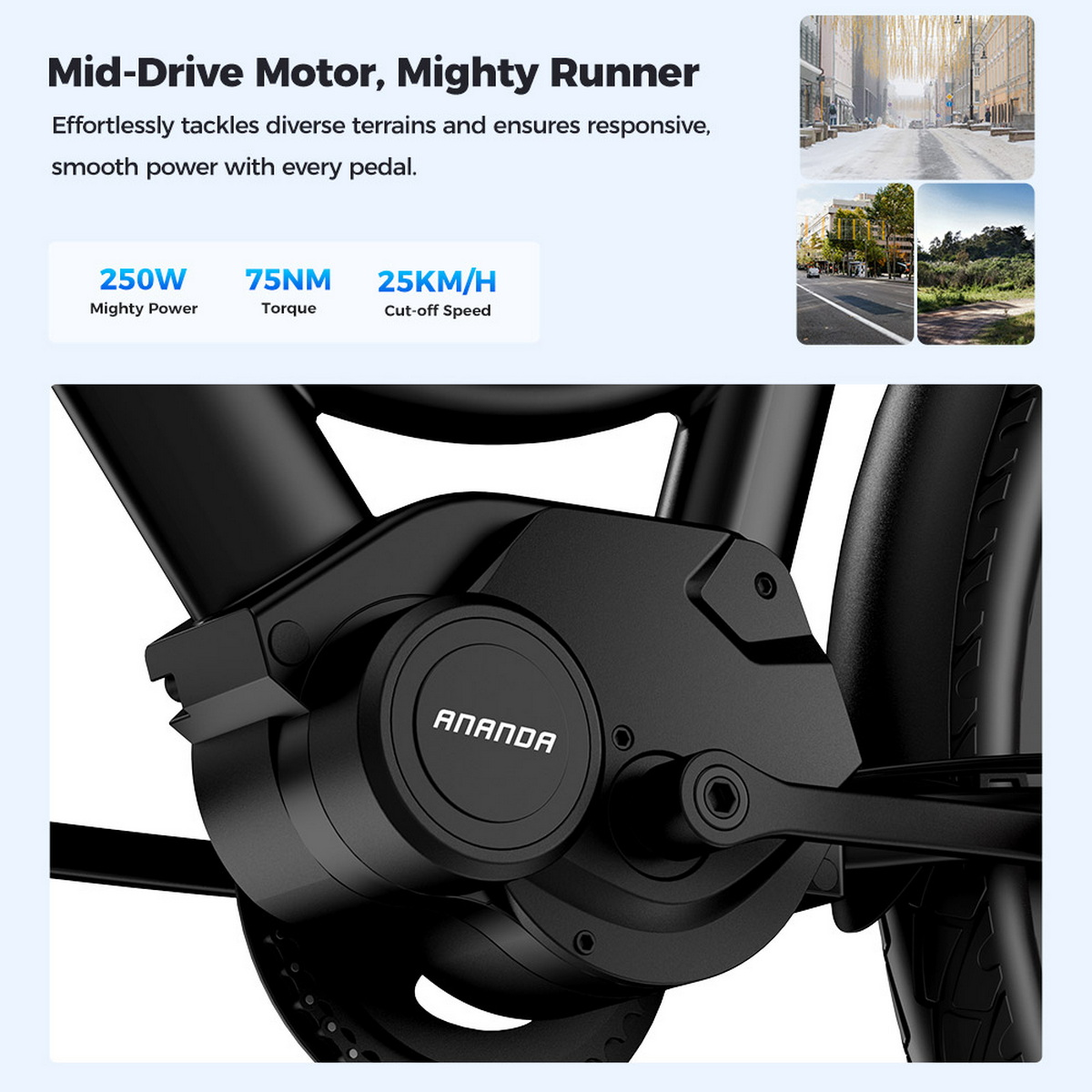 Czarny silnik centralny roweru elektrycznego z marką ANANDA. Obrazek pokazuje również specyfikacje: 250W, 75NM i 25KM/H.