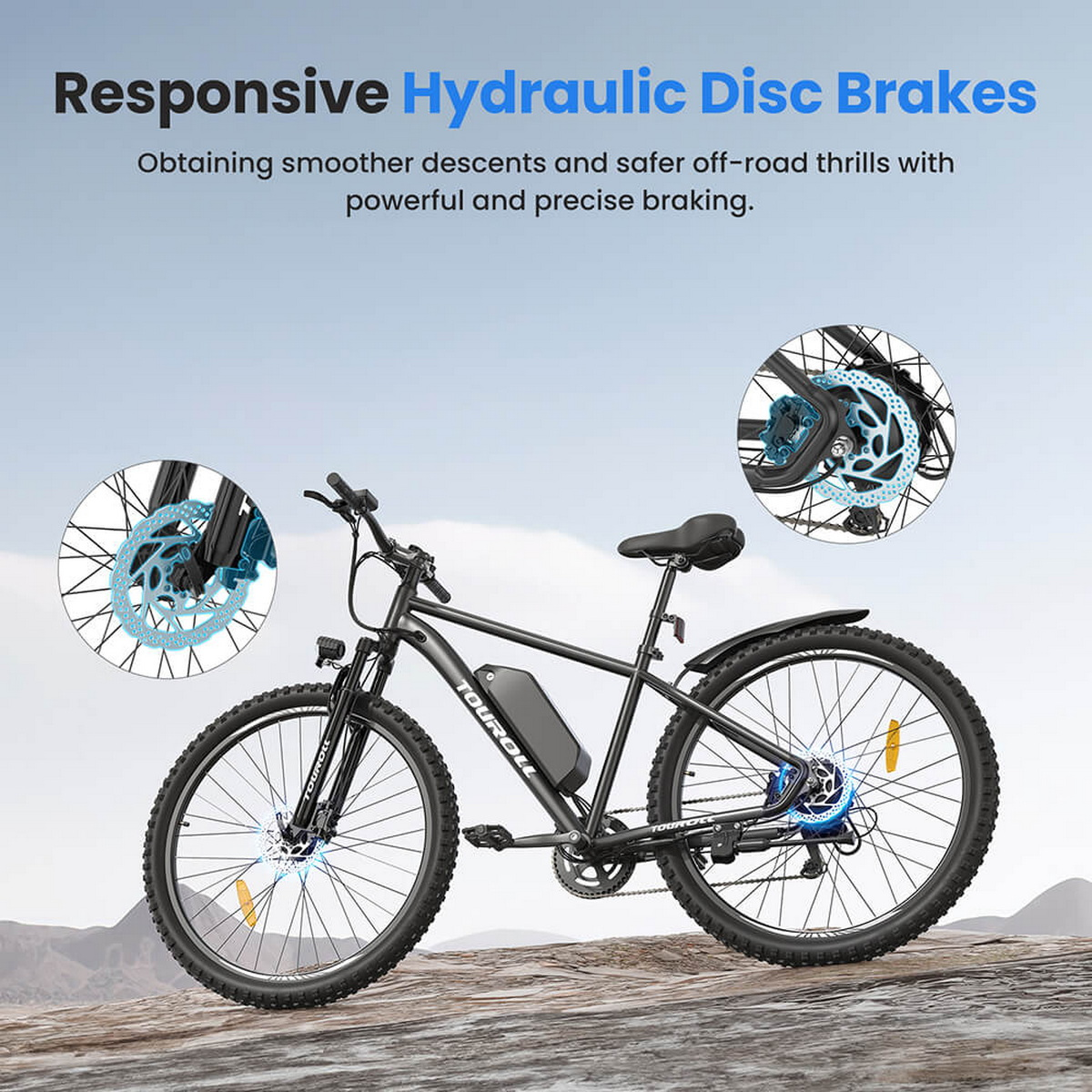 Czarny e-bike z podświetlonymi hamulcami tarczowymi. Tekst na górze promuje hydrauliczne hamulce tarczowe dla płynniejszych zjazdów i bezpiecznego terenu.