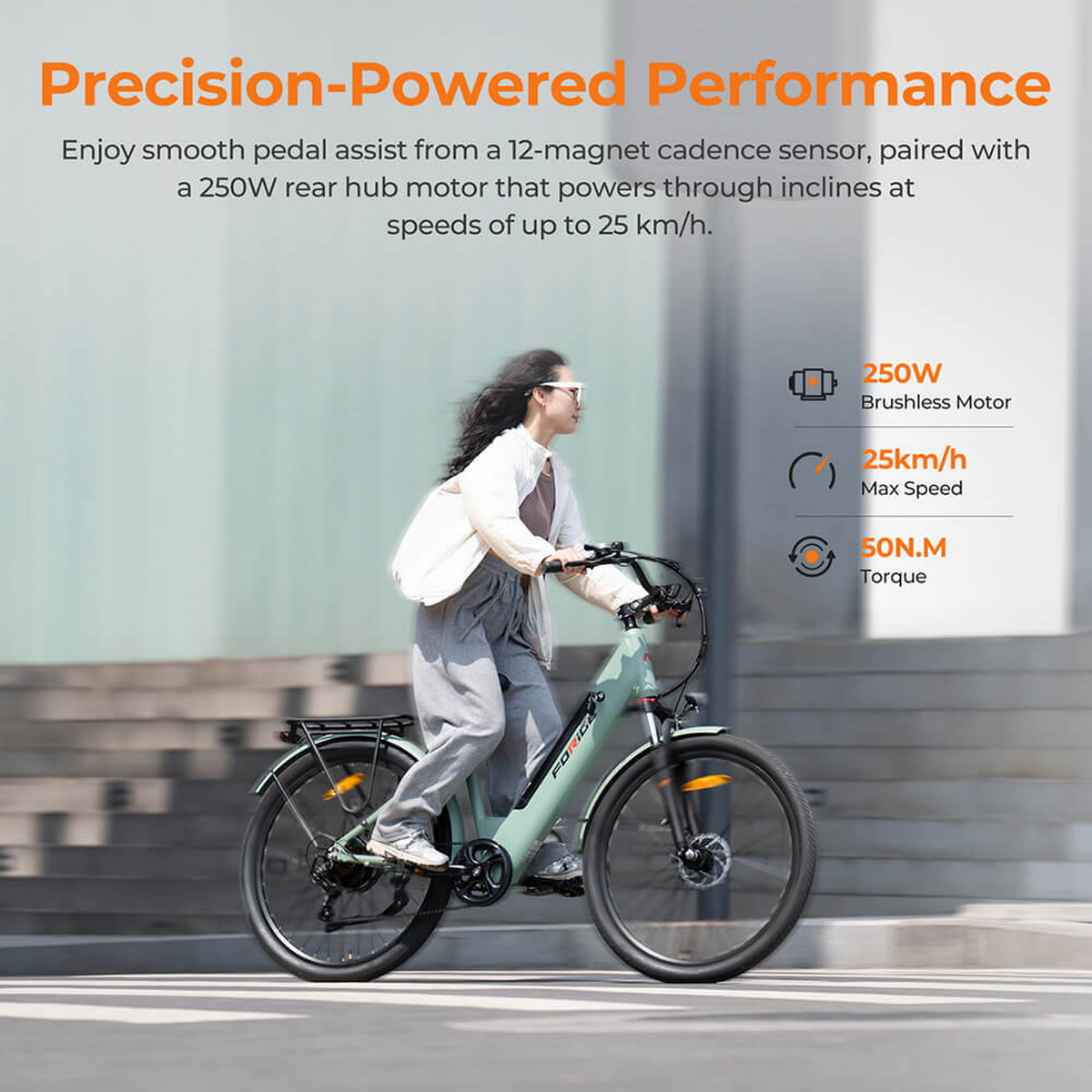 Kobieta na zielonym rowerze. Obrazek pokazuje szczegóły roweru i jego specyfikacje, z nakładką tekstową.