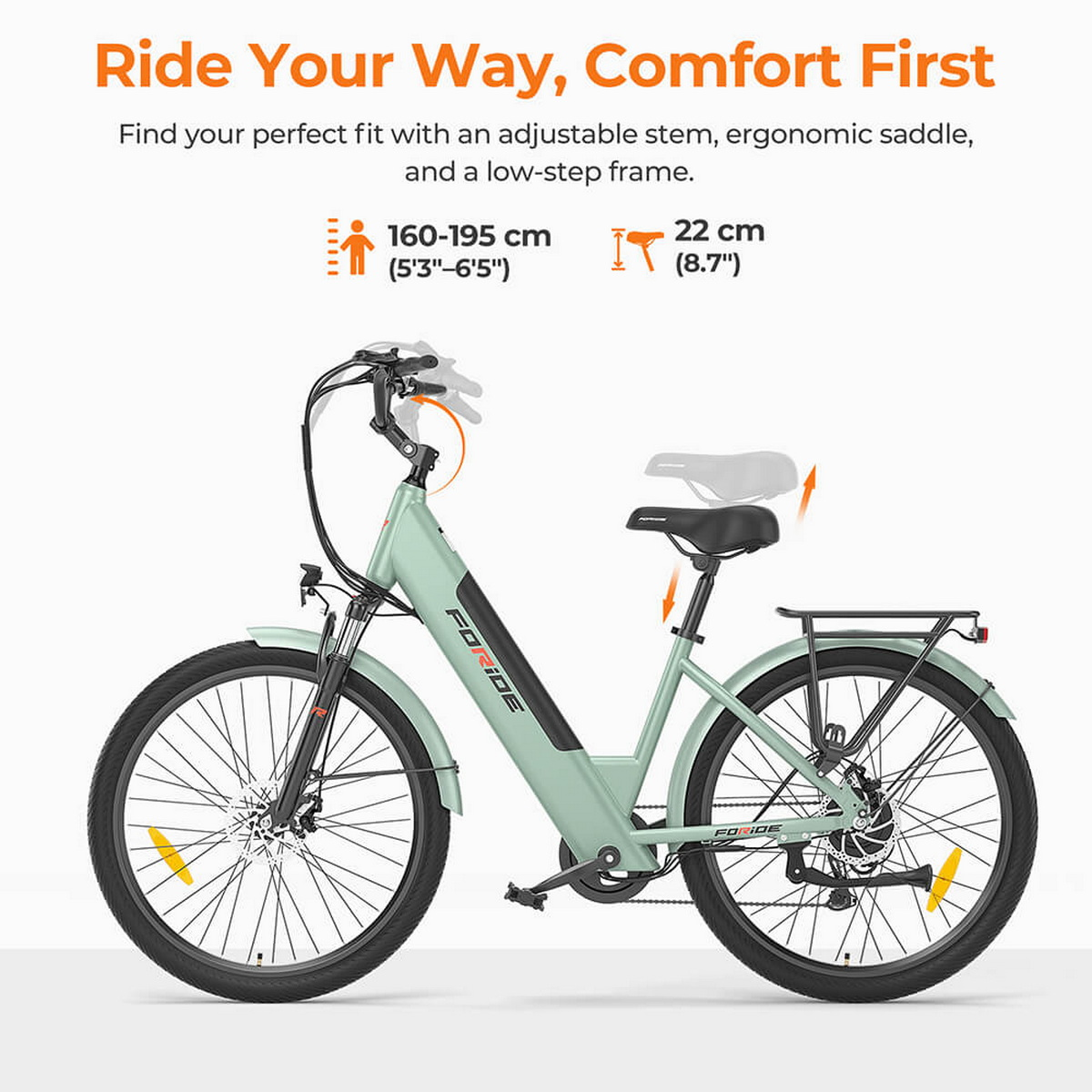 Ein aqua-farbenes Fahrrad mit schwarzen Reifen und einem schwarzen Sitz. Text weist auf verstellbaren Vorbau, ergonomischen Sattel und tiefen Einstieg hin.
