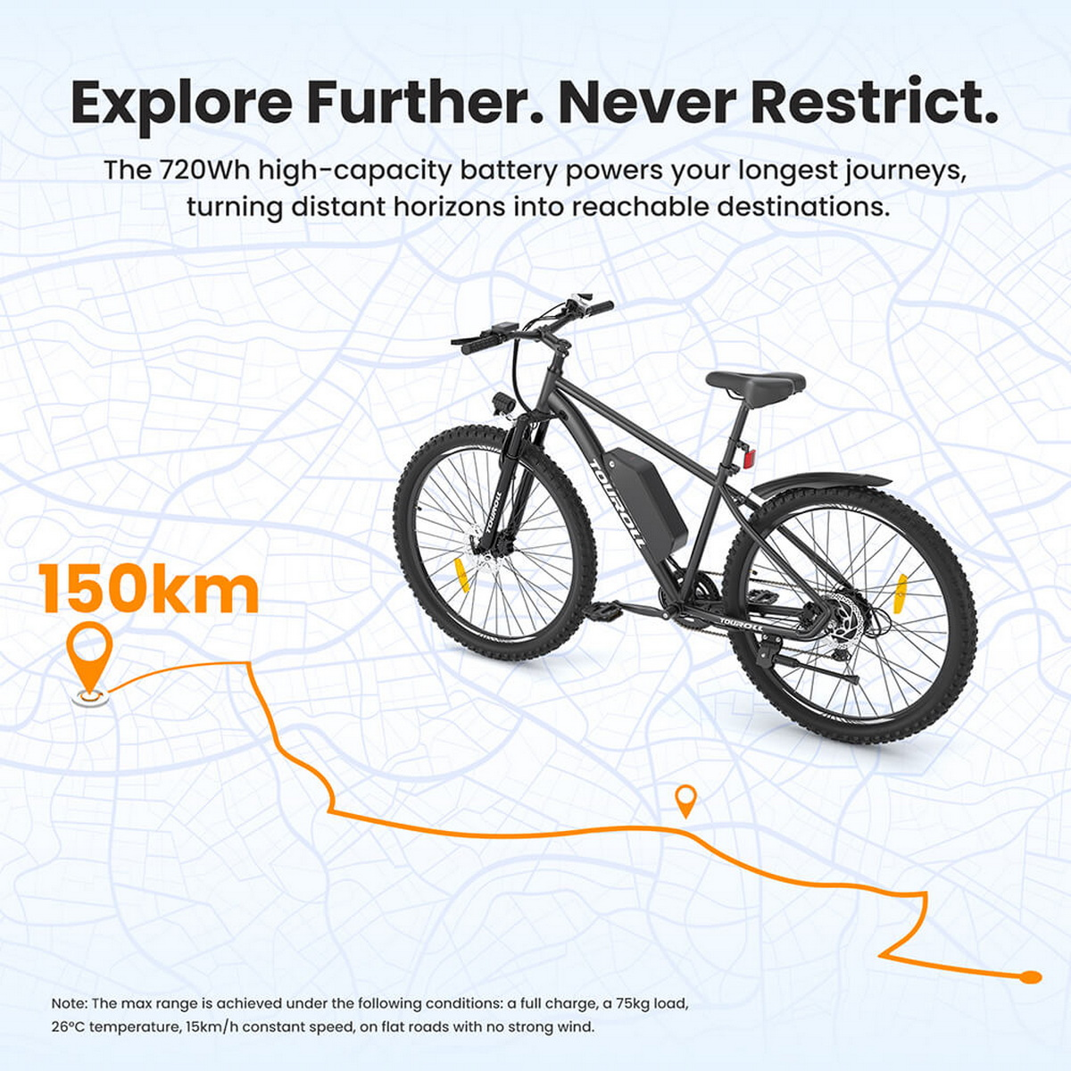 Czarny rower elektryczny na mapie. Tekst: 'Eksploruj dalej. Nigdy nie ograniczaj się.' i '150 km'. Linia wskazuje odległość podróży.