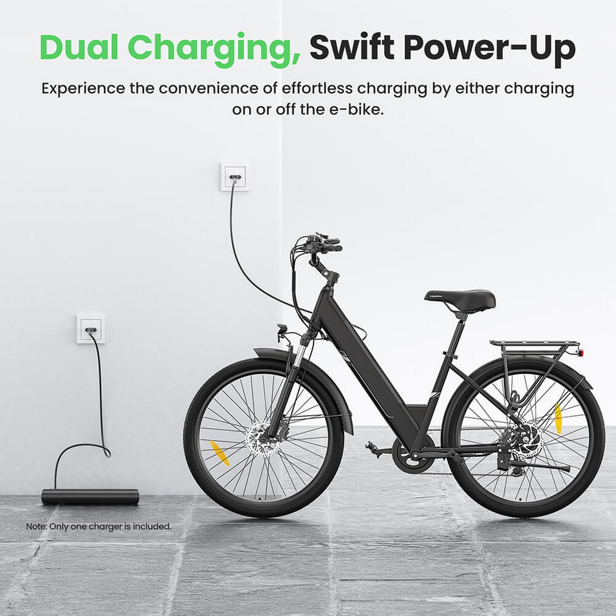 Rower elektryczny się ładuje. Widoczne gniazdko i ładowarka. Tekst: 'Dual Charging, Swift Power-Up'.