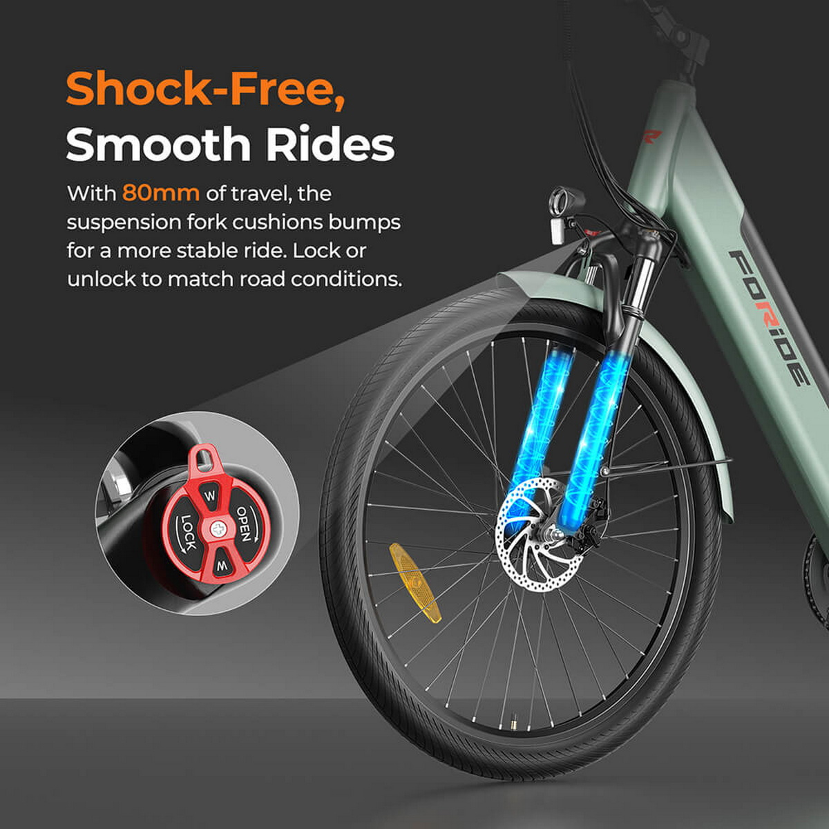 Przednie koło roweru z zawieszeniem. Zdjęcie przedstawia zbliżenie widelca i koła z czerwoną blokadą. Tekst mówi o płynnej jeździe bez wstrząsów.