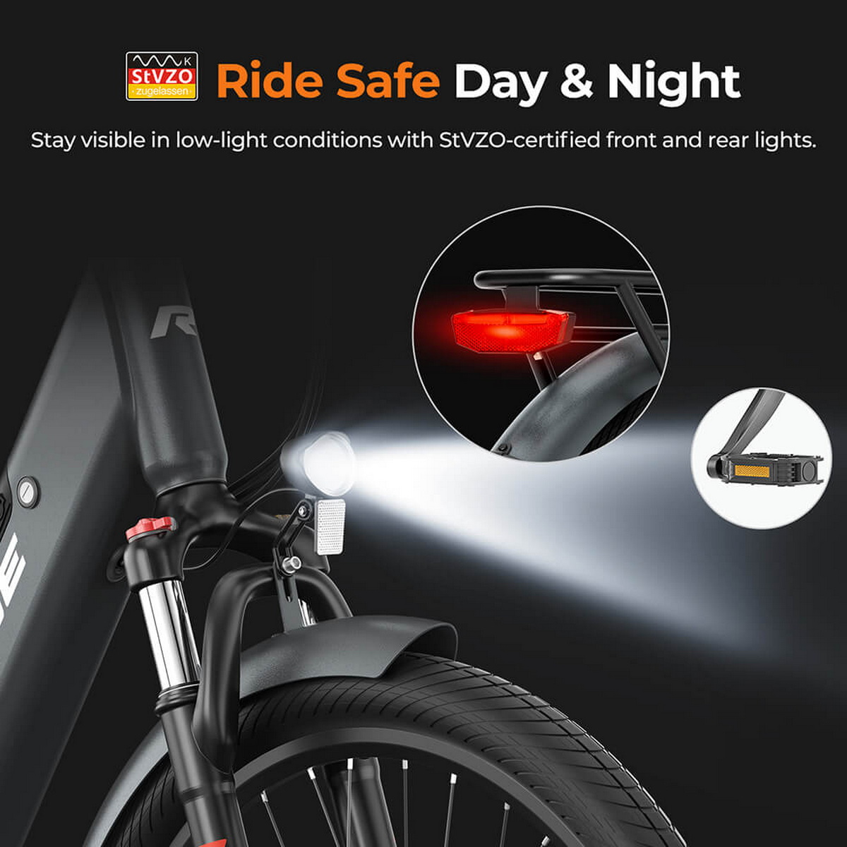Ein E-Bike mit Front- und Rücklicht. Das Frontlicht leuchtet. Hinten leuchtet ein rotes Licht. Text: Sicher fahren Tag & Nacht.