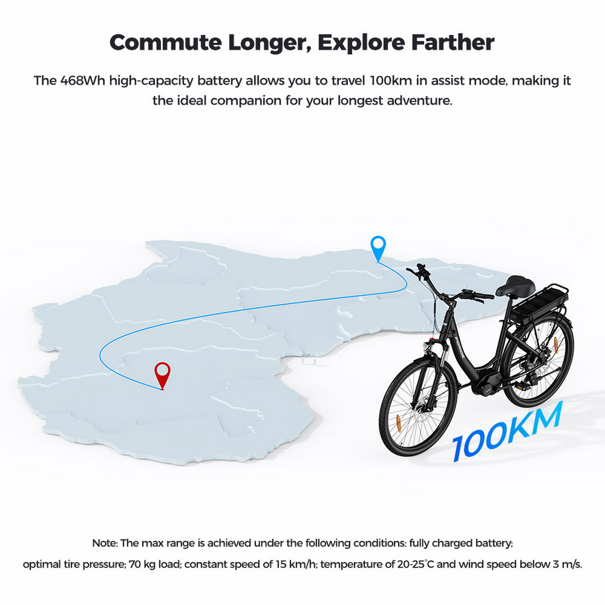 Czarny rower elektryczny na białym tle, mapa z trasą i tekst o zasięgu baterii. Tekst brzmi "Commute Longer, Explore Farther".
