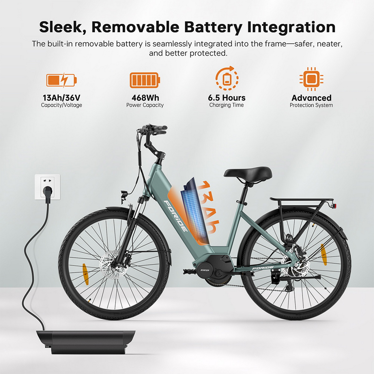 Wyświetlany jest rower elektryczny z wyjmowaną baterią. Jest podłączony do stacji ładującej. Pokazano szczegóły dotyczące pojemności baterii i czasu ładowania.