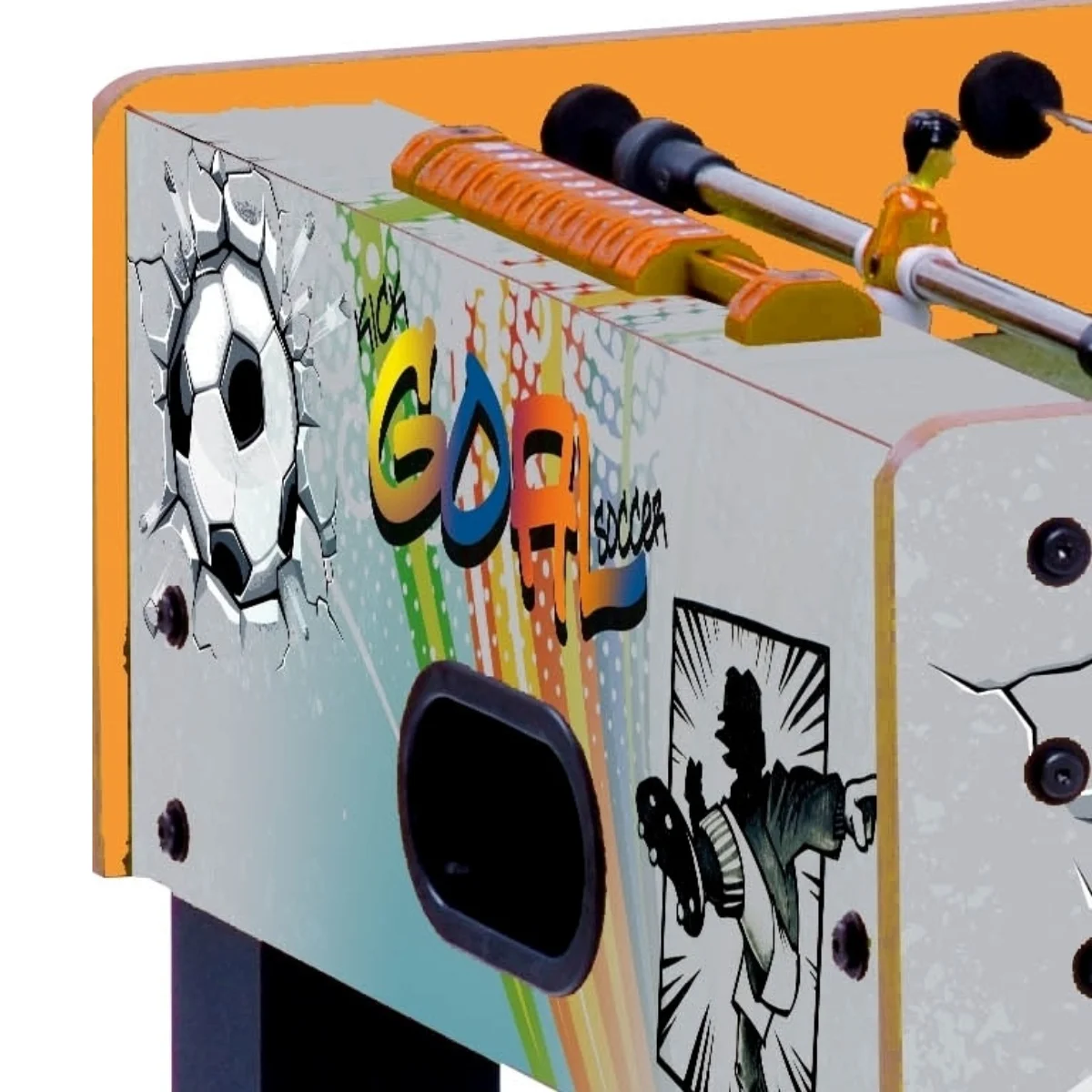 Tafelvoetbal met voetbalafbeelding. Het woord "GOAL" is prominent aanwezig, samen met spelersfiguren en oranje/zwarte handgrepen.