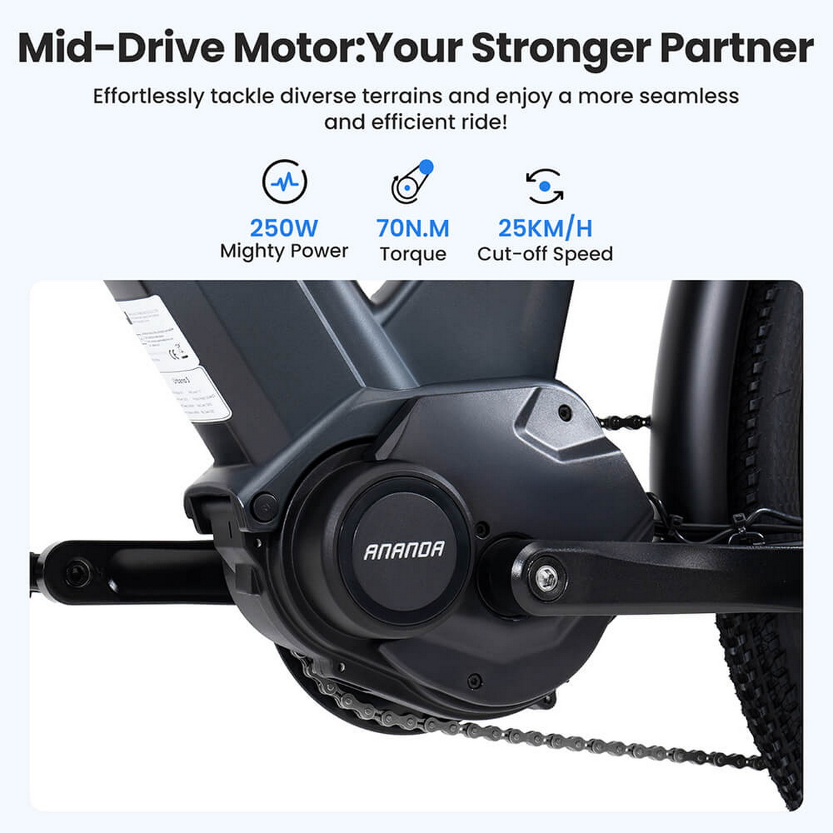 Silnik centralny w czarnym rowerze. Silnik ma markę ANANDA. Szczegóły obejmują moc, moment obrotowy i prędkość odcięcia.