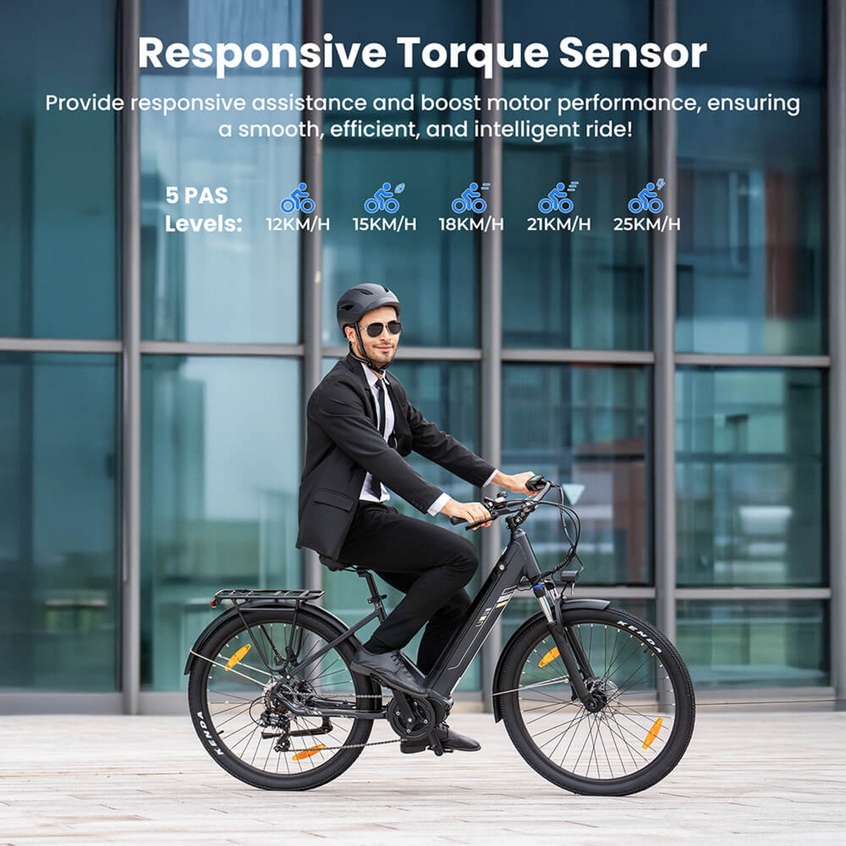 Mężczyzna w garniturze jedzie na czarnym rowerze. Tekst: Responsive Torque Sensor, 5 poziomów PAS i oznaczenia prędkości.